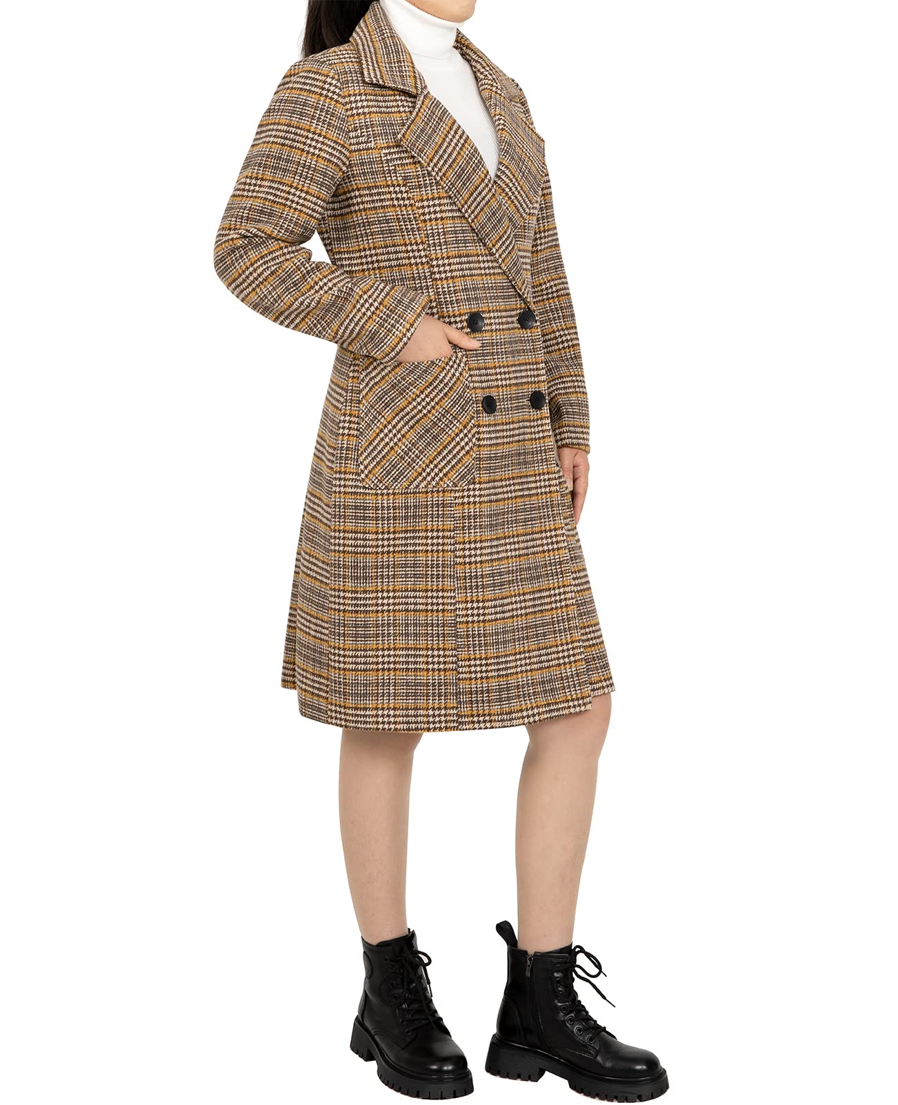 ZENTHACEZENTHACE Women's Double Breasted Wool Blend Plaid Peacoat Notch Lapel Overcoat Walker Coat