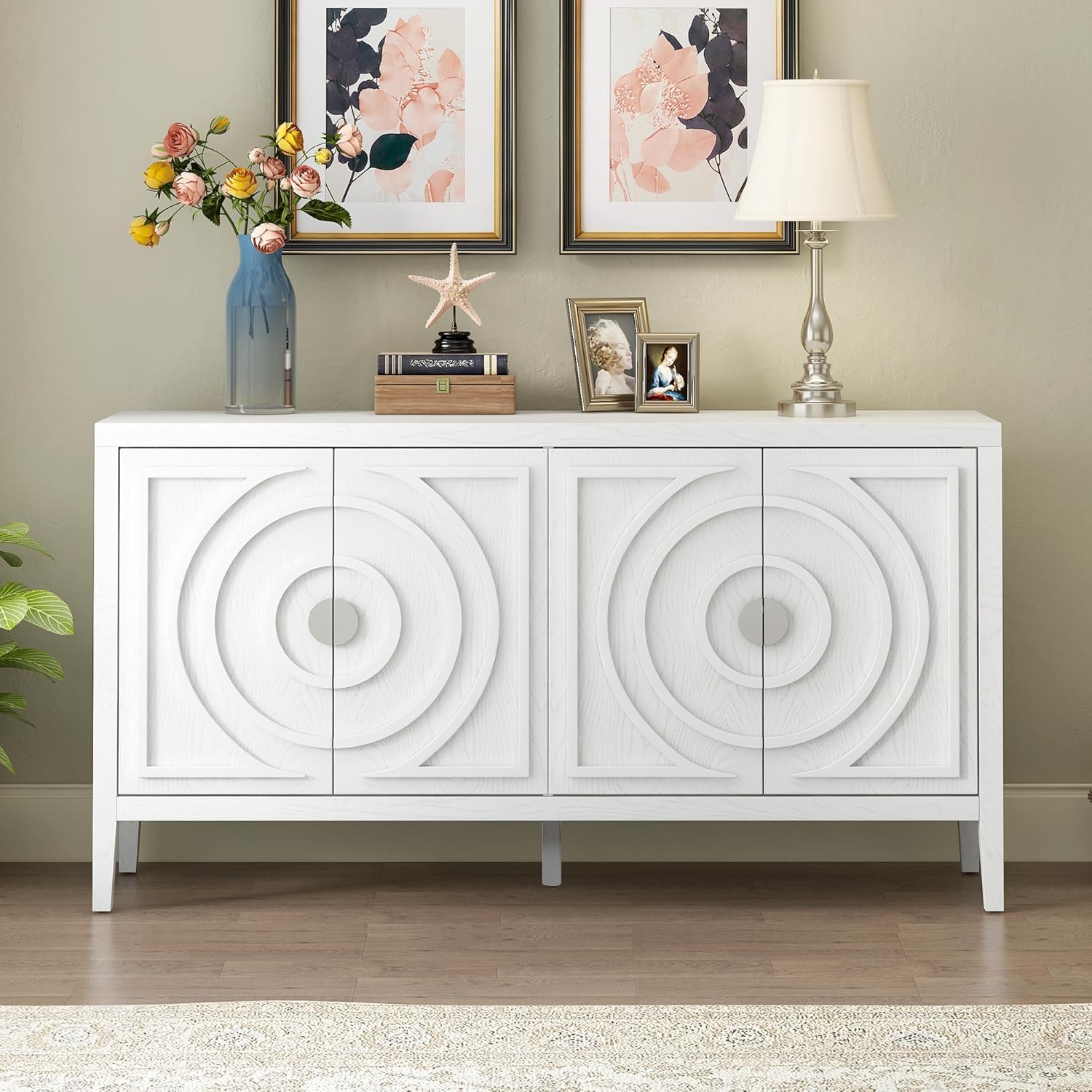 Virubi 60" Mid Century Sideboard Buffet Cabinet with Storage and Open Shelf,Wood Sideboard with Doors, Adjustable Shelves Vintage Cabinet for Living