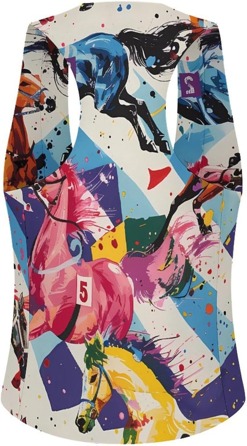 Horse Races Women's Tuxedo Waistcoat Suit Vest | 3 Button V-Neck Slim Fit Casual Sleeveless Top