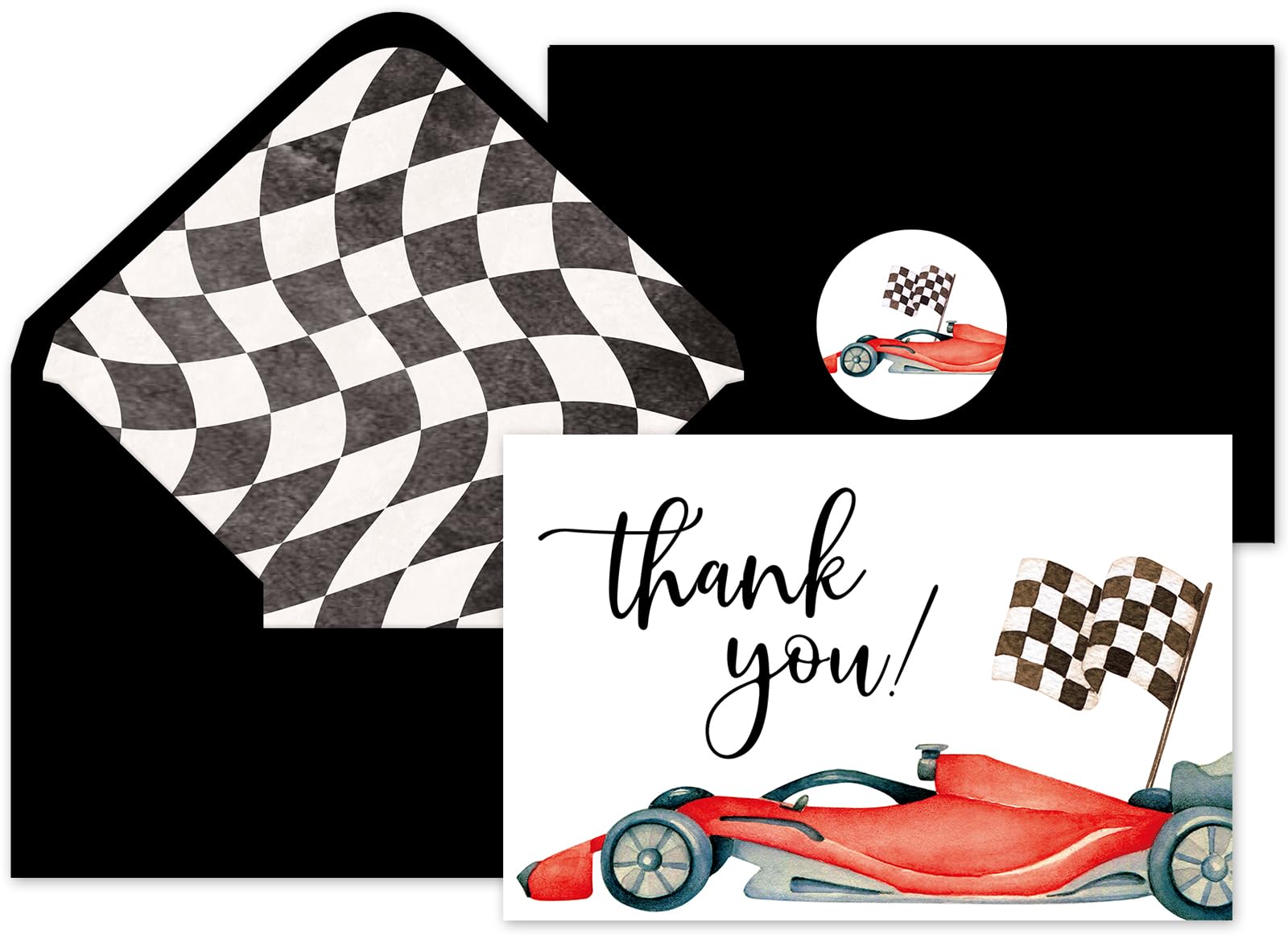 Whaline 24Pcs Race Car Thank You Cards with Envelopes and Stickers Black White Plaid Greeting Cards Blank Note Cards for Race Car Party Supplies