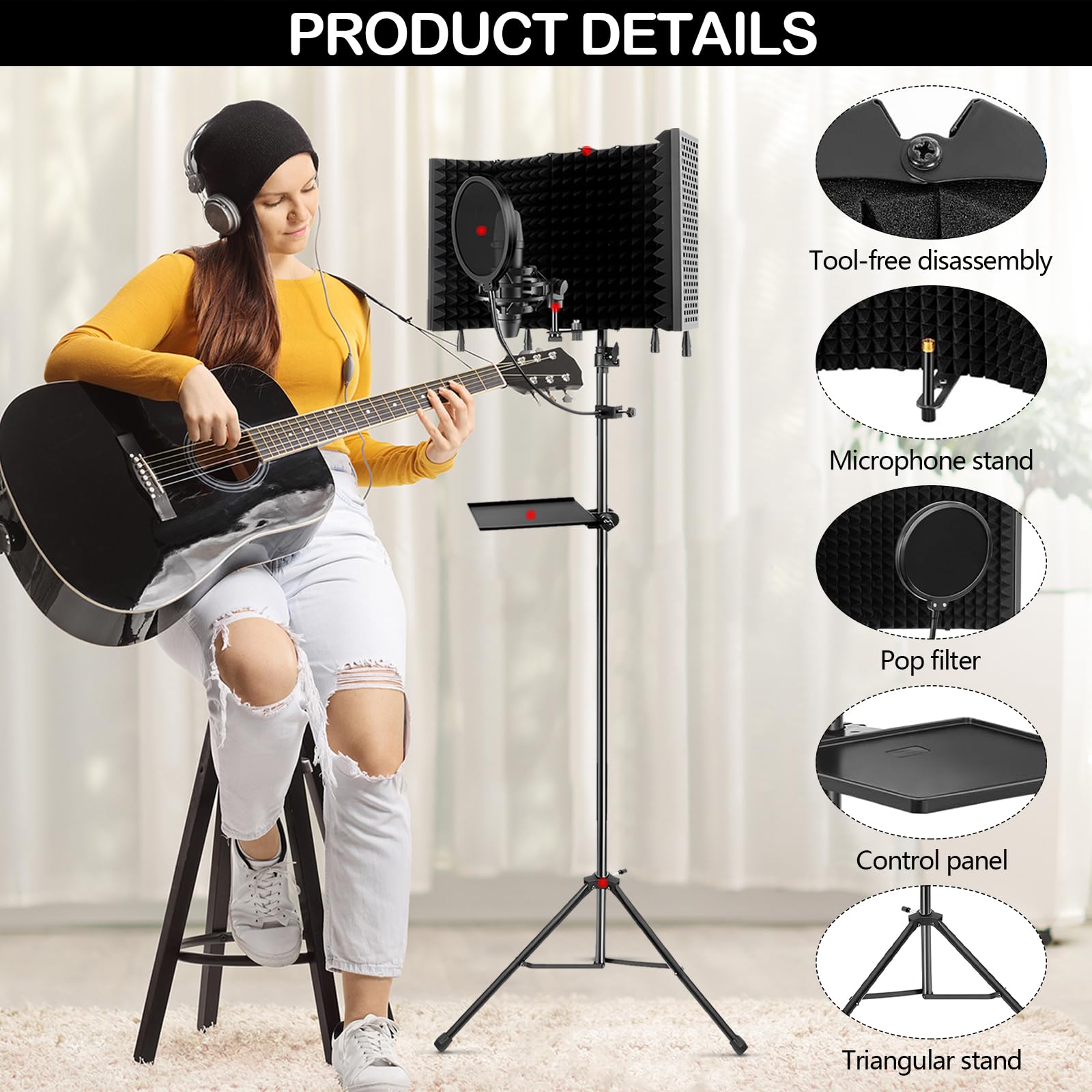 Mikrofon Schallschutz, 5 Panel Standmikrofon Akustikschaumstoff Windschutz mit 180CM Einstellbare Stativ Mikrofonständer für 3/8 '' bis 5/8 '' Mikrofon Adapter für Aufnahmegerät Aufnahmestudio