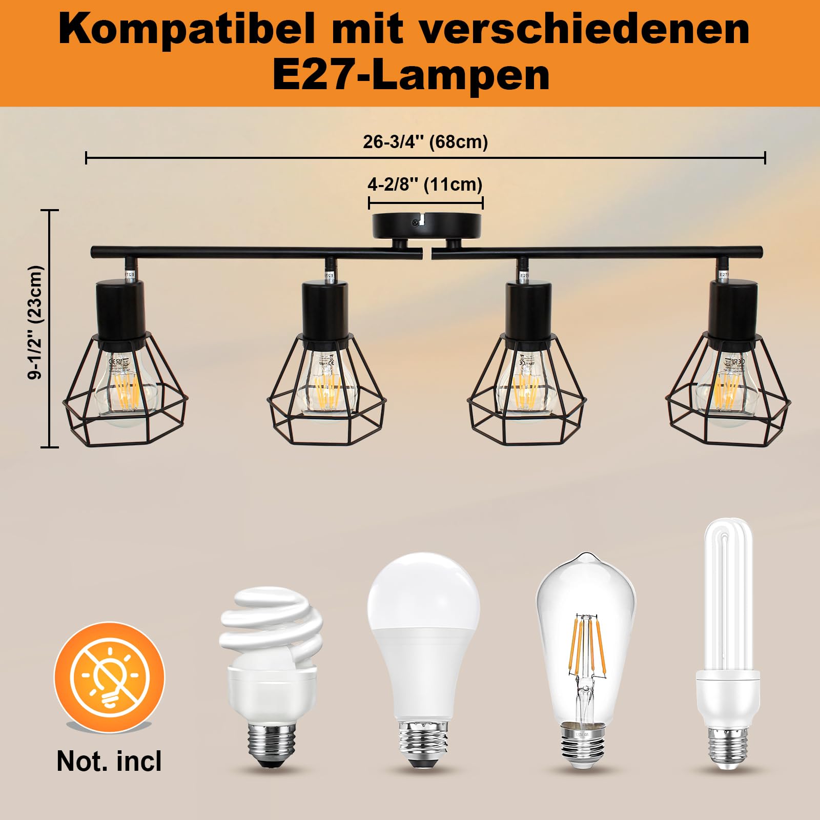 HiBay LED Deckenstrahler 4 Flammig E27 Deckenleuchte Wohnzimmer Vintage Schwenkbar 350° Deckenbeleuchtung für Schlafzimmer Flur, max. 60 Watt Ohne Leuchtmittel