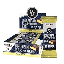 VITALDIN SPORT Low Sugar 33% Protein Bar Banana – Barrette Proteiche Senza Zucchero – 12u x 45g – Barrette Energetiche Pesoforma – Proteine Vegane – Contribuisce alla crescita dei tuoi muscoli.