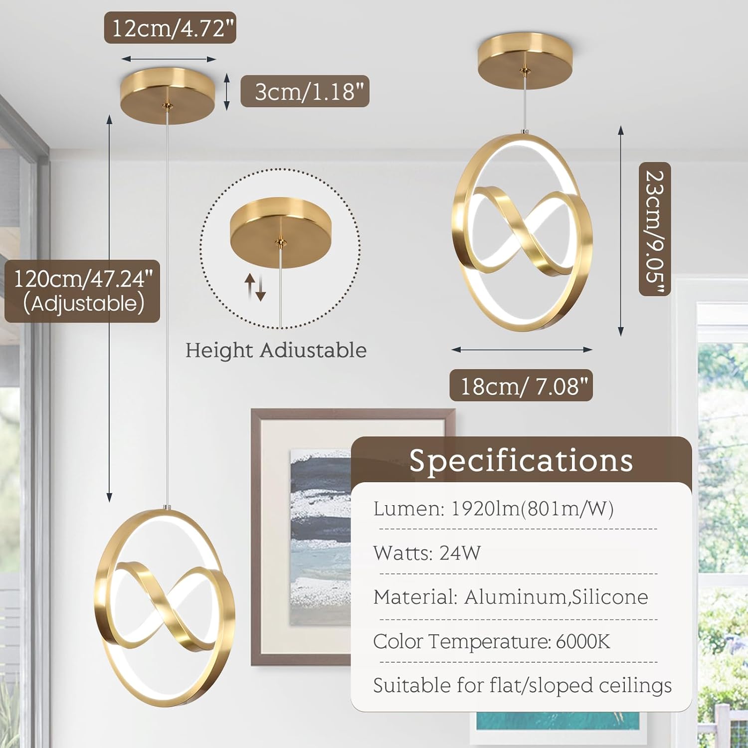 Modern LED Pendant Lights Kitchen Island, 6000K LED Chandelier Adjustable Height Gold Hanging Light Fixture Island Lights for Kitchen Dining Room Cafe Table, 1Pack