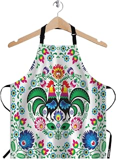 Wondertify Polish Floral Folk Art Apron,Square Pattern with Rooster Lowicz Cutouts Patterns Green Bib Apron with Adjustable Neck for Men Women,Suitable for Home Kitchen Cooking Bistro Baking BBQ Apron