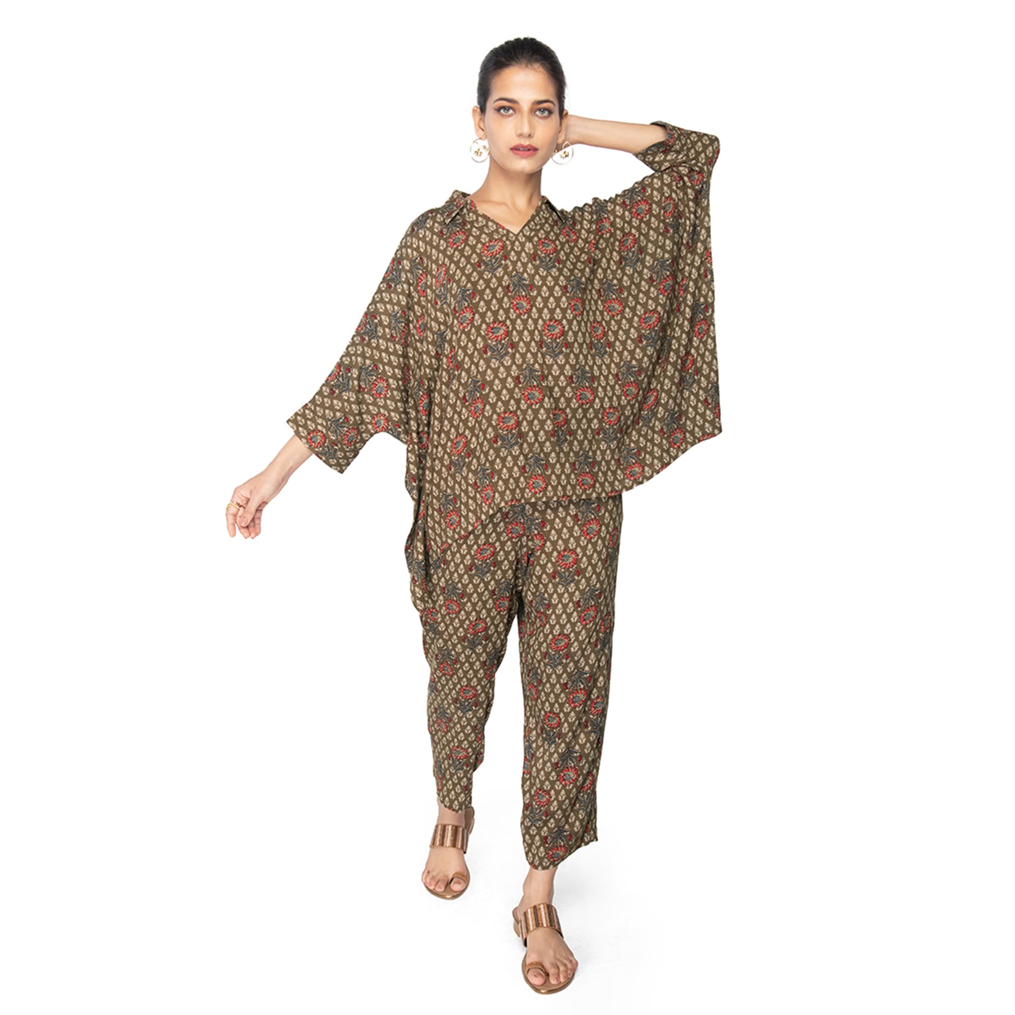 Green Viscose Co ord Set for Women | Short Sleeve Kaftan Top & Pant Set | Floral Pattern | Collared Neck | A Line Dresses for Women | Smart Casuals | Pack of 1-image-16