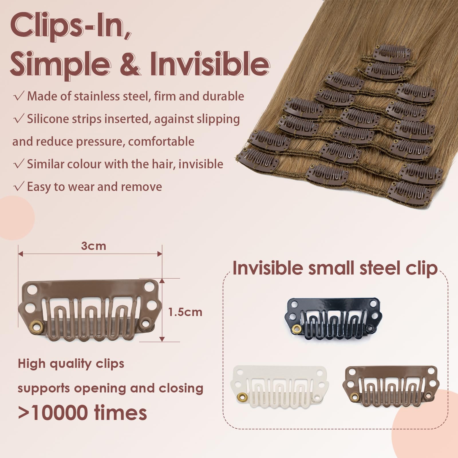 Benehair Real Hair Extensions Clip in Remy Straight #6 Light Brown Human Hair Clip in Extensions 8 Pcs Set including 18 Clips Silky Natural for Women Girls Daily Wear 8 Inch (45 g) - Image 3