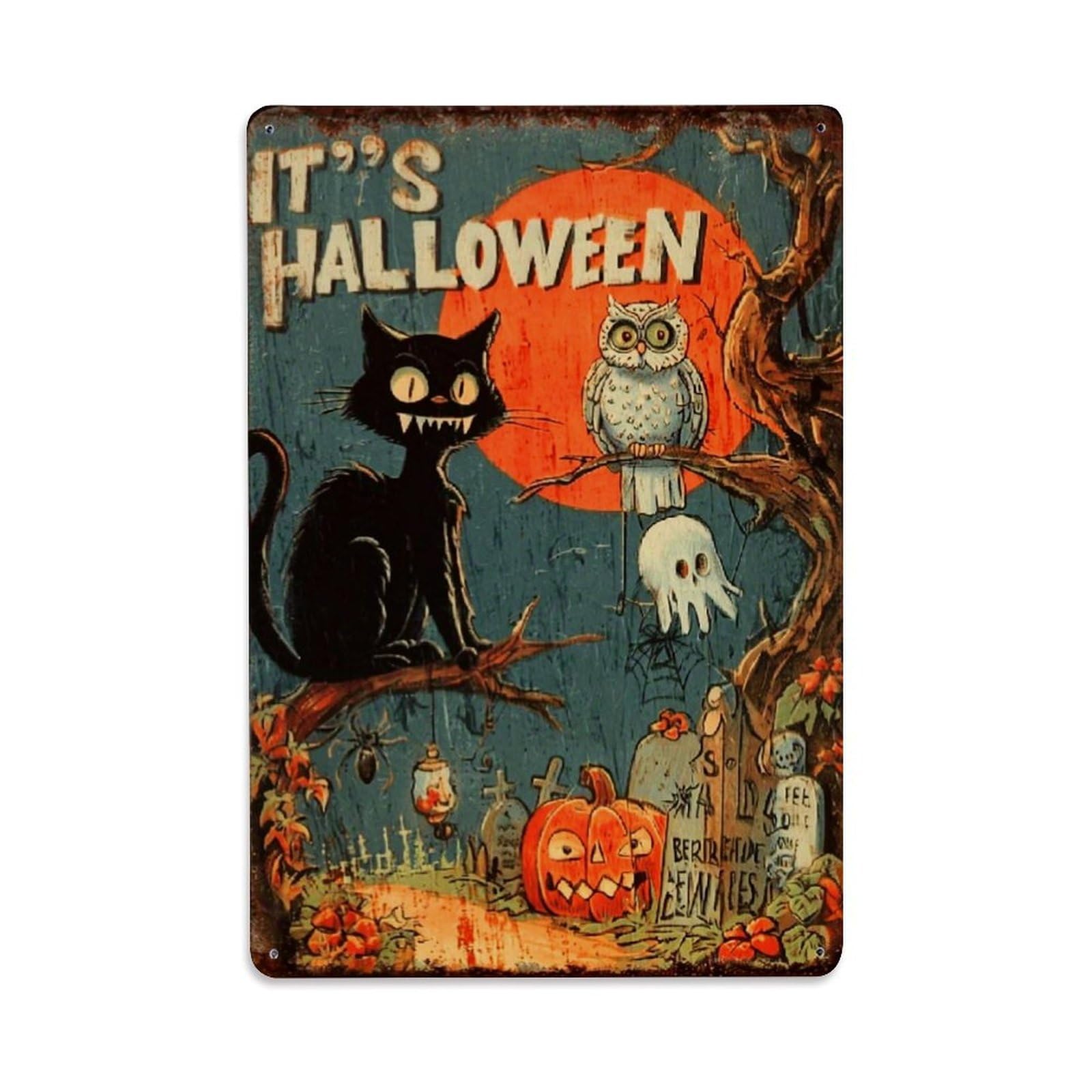 Halloween Cat Owl Pumpkin Grave Retro Metal Tin Sign, Vintage Decor Art Poster for Bar, Home, Man Cave, Kitchen, Laundry Room Gift 8x12Inch