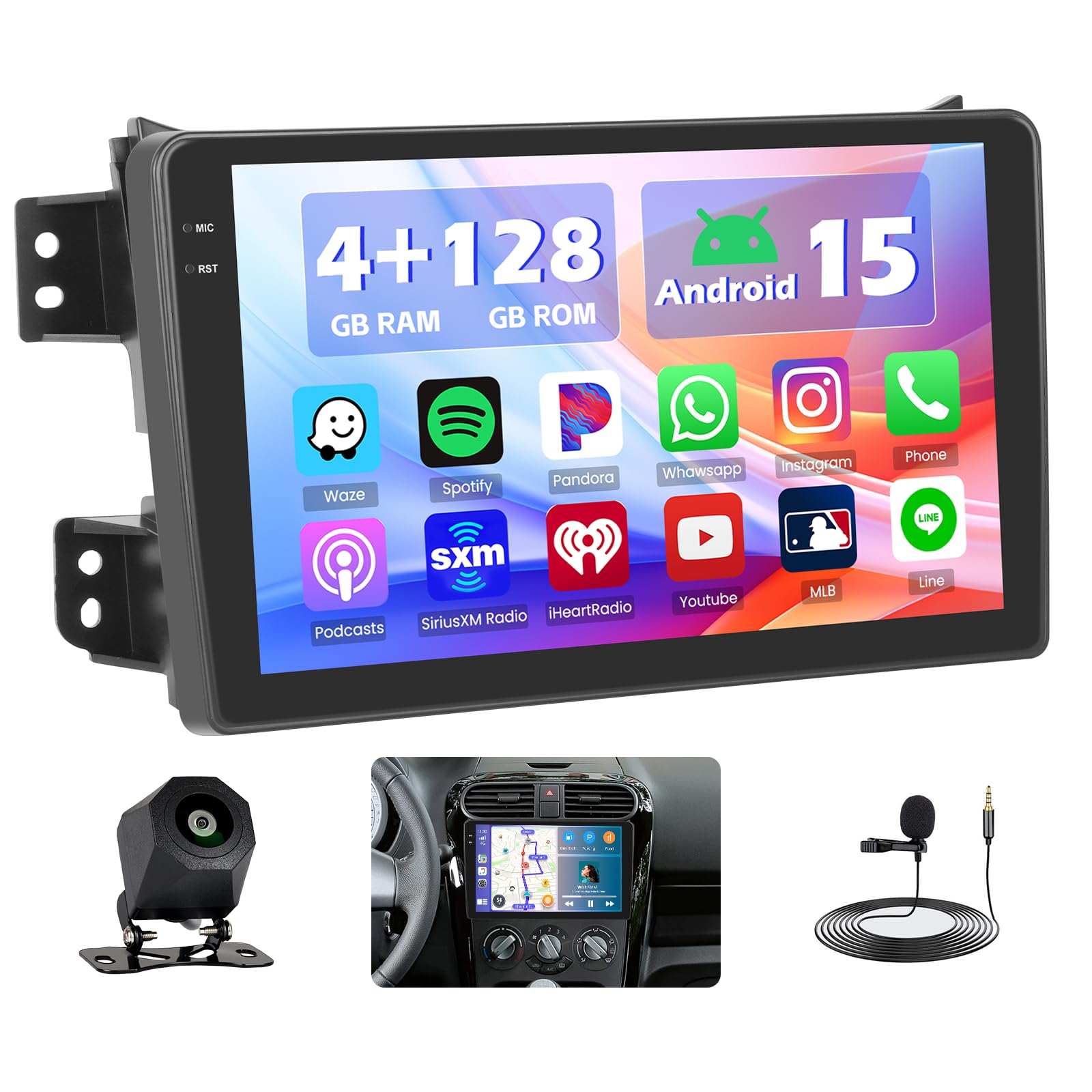 Hikity 4+128G Android 15 Radio samochodowe do Suzuki Splash Ritz, Opel Agila, ekran dotykowy 9" radia samochodowego z bezprzewodowym odtwarzaczem CarPlay, Android, Auto Bluetooth, Navi GPS, WiFi, EQ