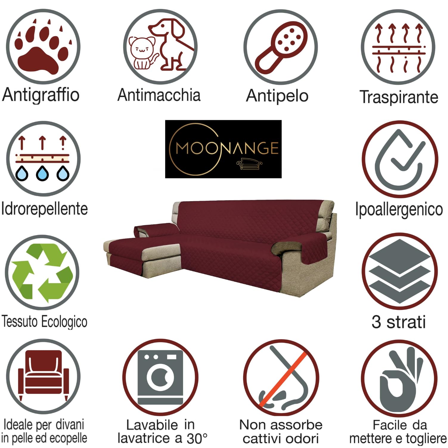 Moonange - Copridivano 3 posti con Penisola - Seduta 240 cm - Copridivano Impermeabile - Copridivano Angolare - Antiscivolo - Antimacchia - Reversibile - Antigraffio - Antipelo - Marrone