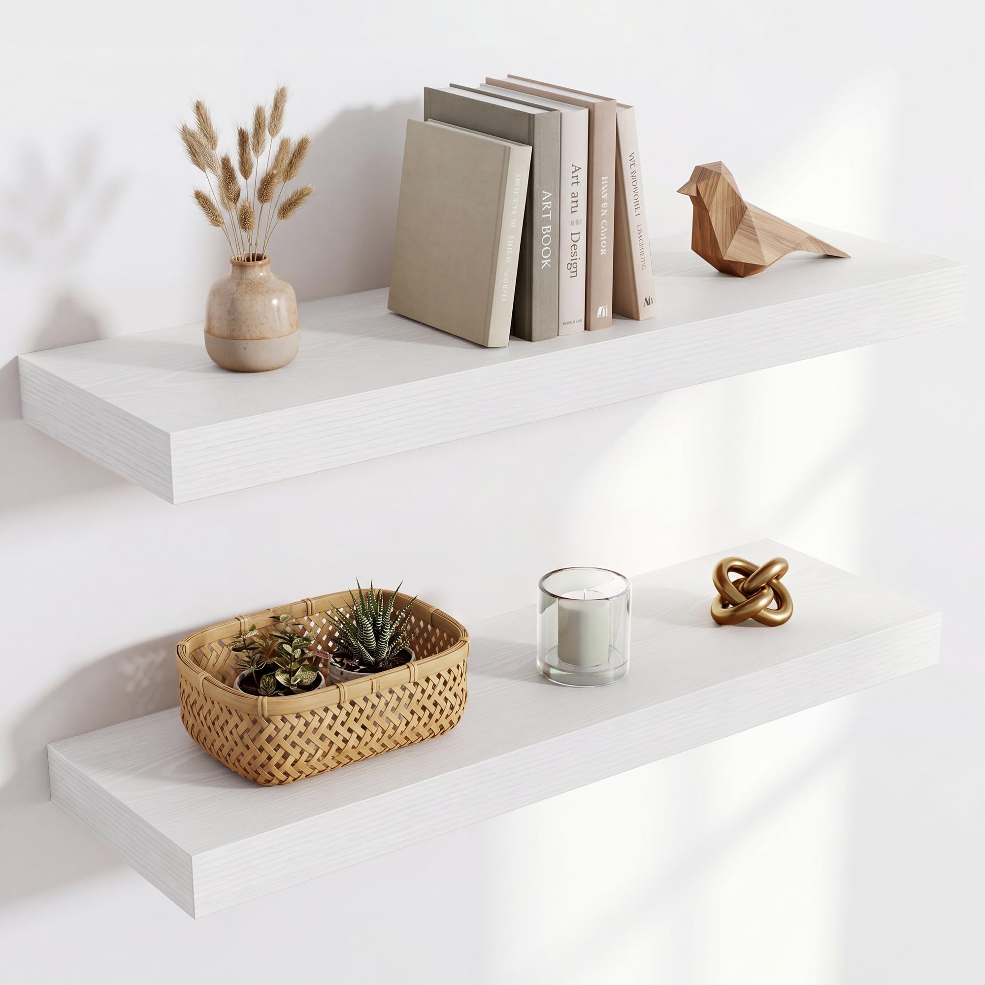 Acovy Floating Shelves for Wall, Extra Thick 60cm Long Wooden Wall Mounted Shelf, Wall Shelves for Living Room Bathroom Bedroom Kitchen, White, Set of 2