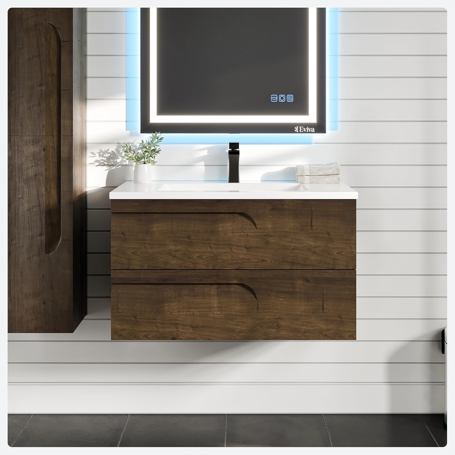 Joy 36 in. Rosewood Wall MountSingle Sink Bath Vanity with Porcelain Top and Integrated Sink