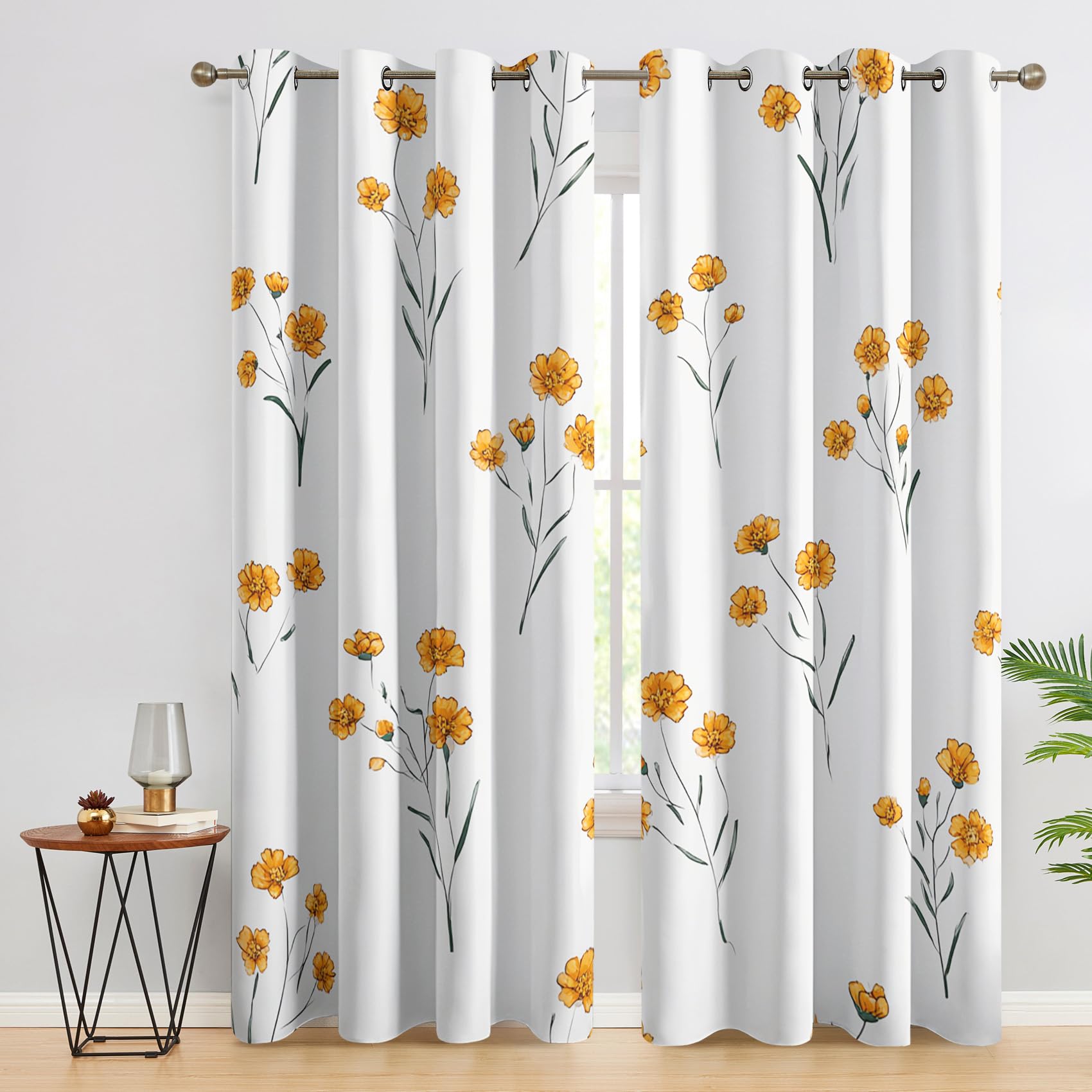 Niyaka White Yellow Floral Blackout Curtains For Living Room, Flower Curtains For Bedroom, Thermal Insulated Eyelet Window Treatments 84 Drop, 2 Panels Drapes (W42 X L84)