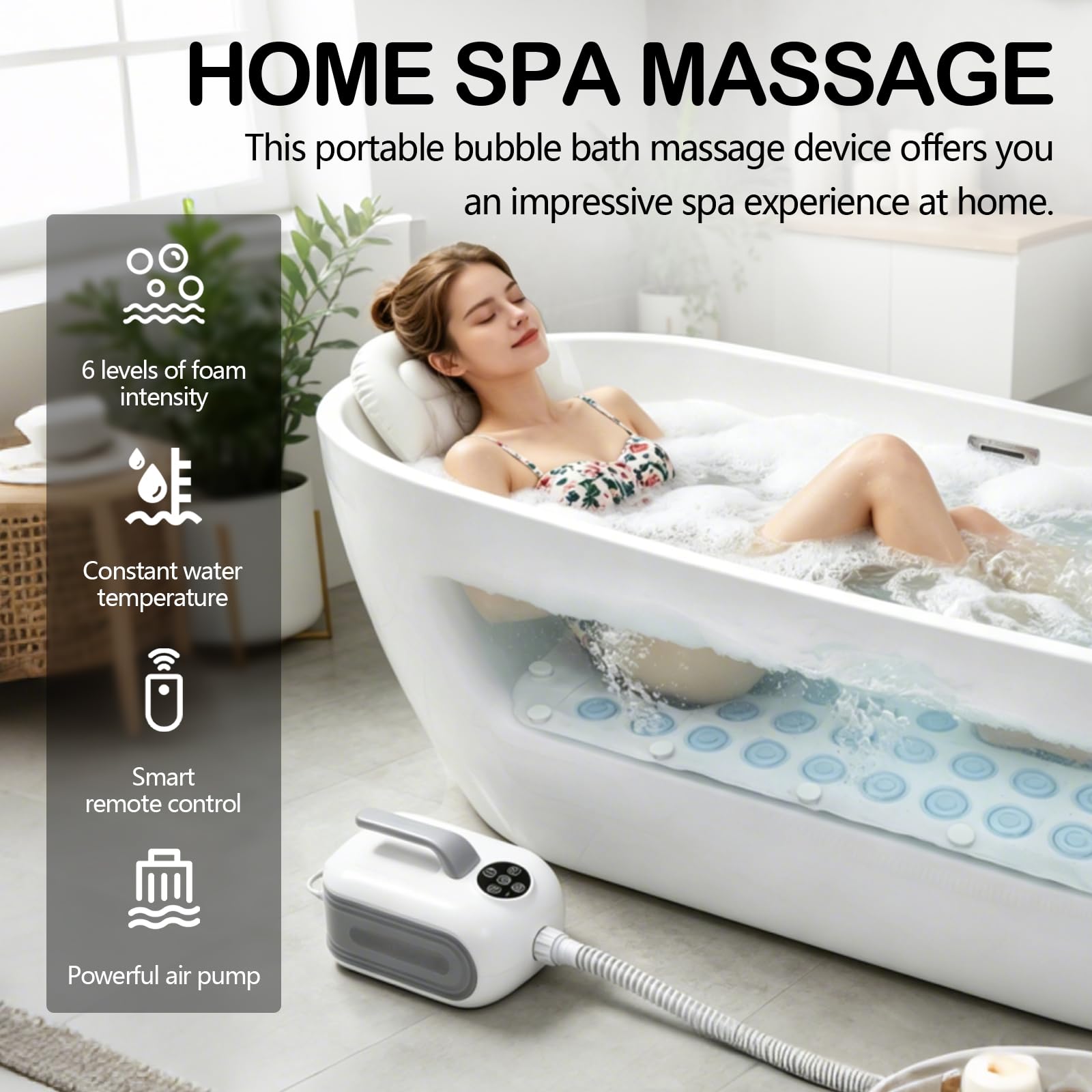 Sprudelmatte Badewanne, Badewanne Spa Matte mit 6 Massage Intensitätsstufen, Luftsprudelbad Sprudelmatte mit Kissen und Anti Rutsch Saugnäpfe, Spa Baden für Zuhause, Fernbedienung Inklusive