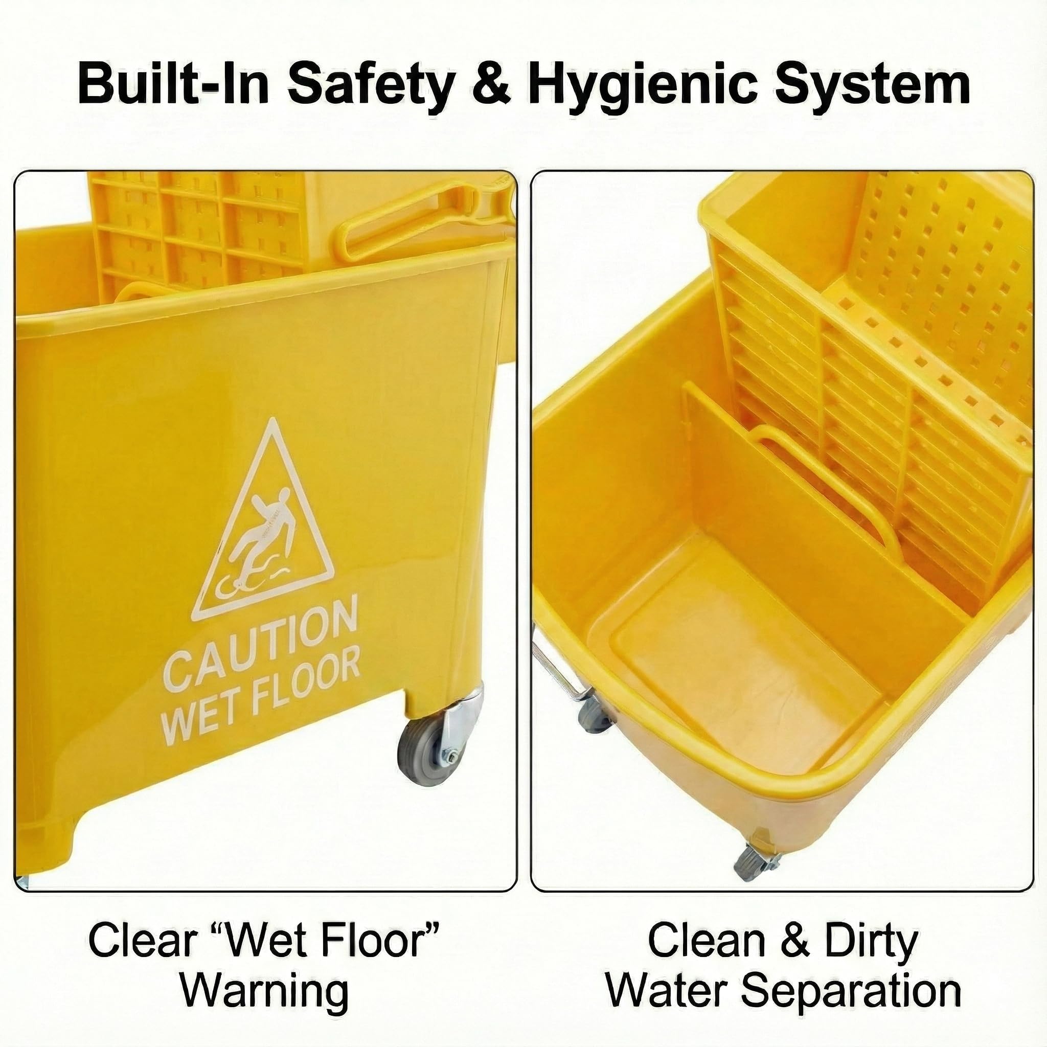 Carrello per mocio commerciale, secchio Kentucky in acciaio resistente, 20 litri, con cartello sul pavimento bagnato, carrello di pulizia giallo su ruote e strizzatore rimovibile per ufficio e scuola