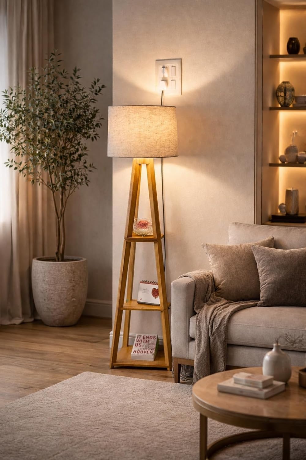 Wooden Display Shelf Floor Lamp with Fabric Shade, Decorative Standing Light for Living Room, Bedroom, Study Room, Office Corner...-picture-16