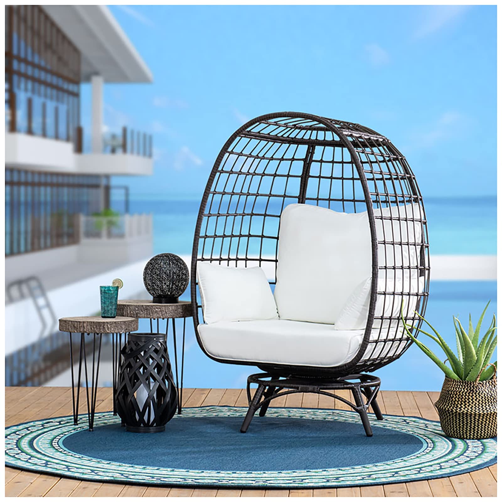 KRCO Wicker Egg Chair Outdoor Indoor Oversized Lounger with Stand and Cushions Egg Basket Chair for Patio Backyard Porch,450lb Capacity