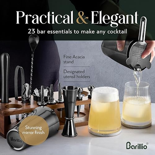 Miniatura 17 de Barillio Kit de barman de oro rosa – Juego de coctelera de acero inoxidable con soporte de bambú negro – Herramientas de barra de mixología con Rosa