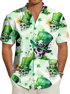 St Patrick's Day Shirt Men,Shamrock Skull,Summer Hawaiian Shirts Fashion Casual Clothes | for Vacation Beach