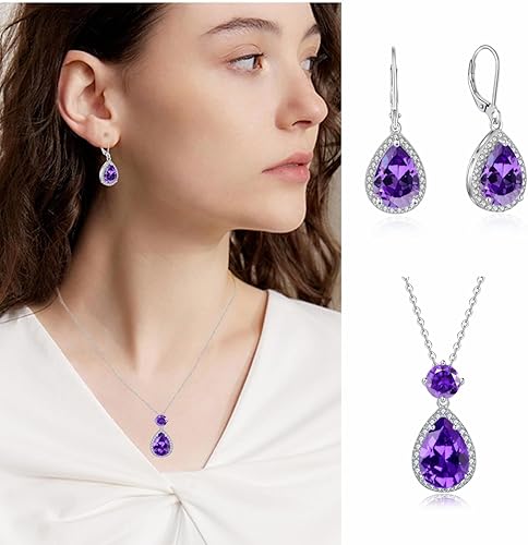 Vista 7 de YONVUN Collar con colgante de circonita de cristal chapado en oro de 18 quilates, forma de lágrima ovalada, piedra natal, juego de joyas de piedra