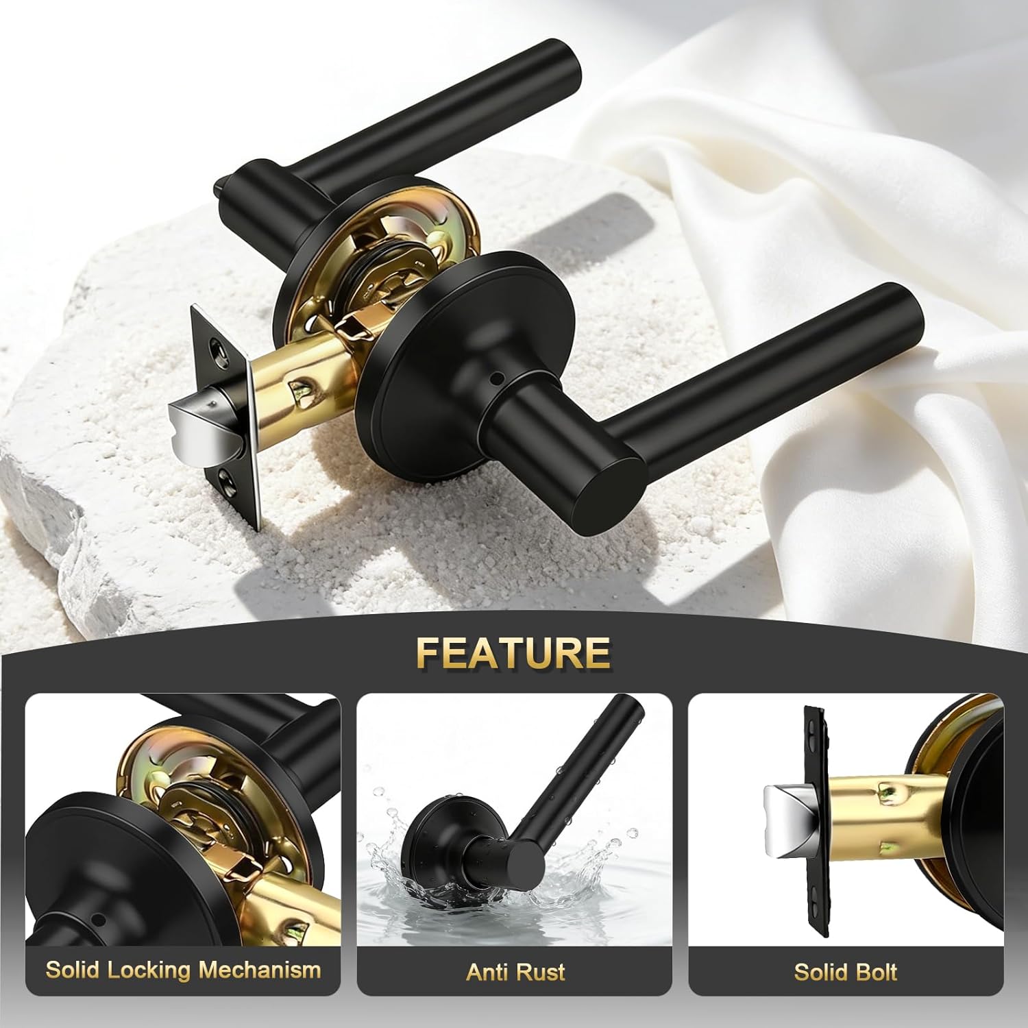 5 Pack Passage Black Door Handles, Matte Black Keyless Door Lever Non-Locking Lever Set Indoor for Hallway Closet, Heavy Duty Door Handle Interior for Left Right Sided Doors