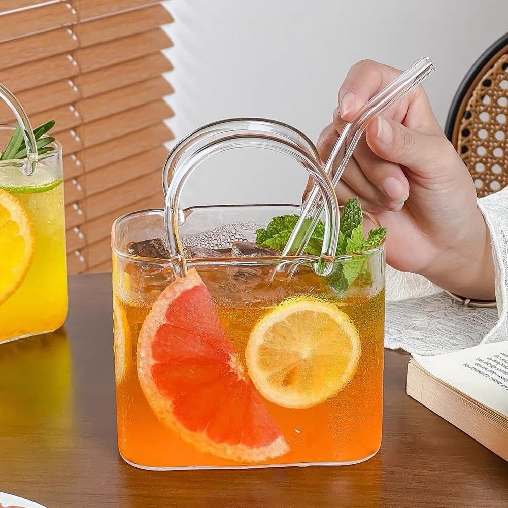 Cocktailgläser in Handtaschenform mit Strohhalm, 770 ml, Borosilikat-Trinkbecher für Cocktails, Saft, Eistee & Partygetränke, 2 Stück