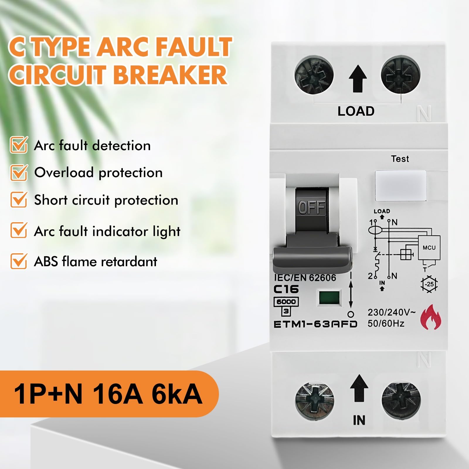 Jadeshay Disyuntor de Fallo de Arco,1P+N 16A 230/240V Disparo 5~10In Veces Intensidad Nominal AFDD Interruptor Detección de Fallo de Arco Automático con Protección contra Sobrecarga y Cortocircuito