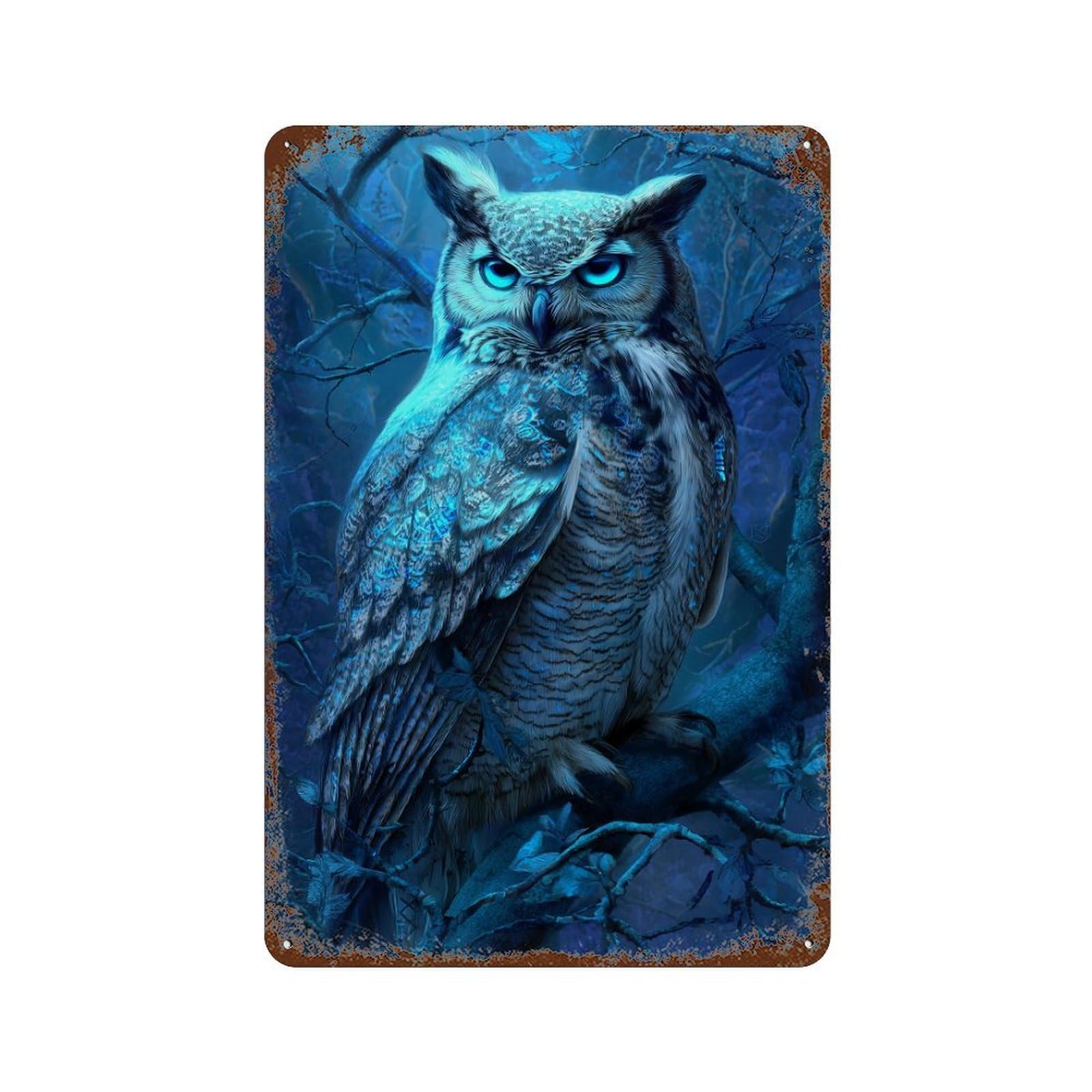 Blue-Eyed Forest Owl 11.8"x7.9" Retro Metal Sign, Industrial Home Decor for Office, Studio And Wall Decor