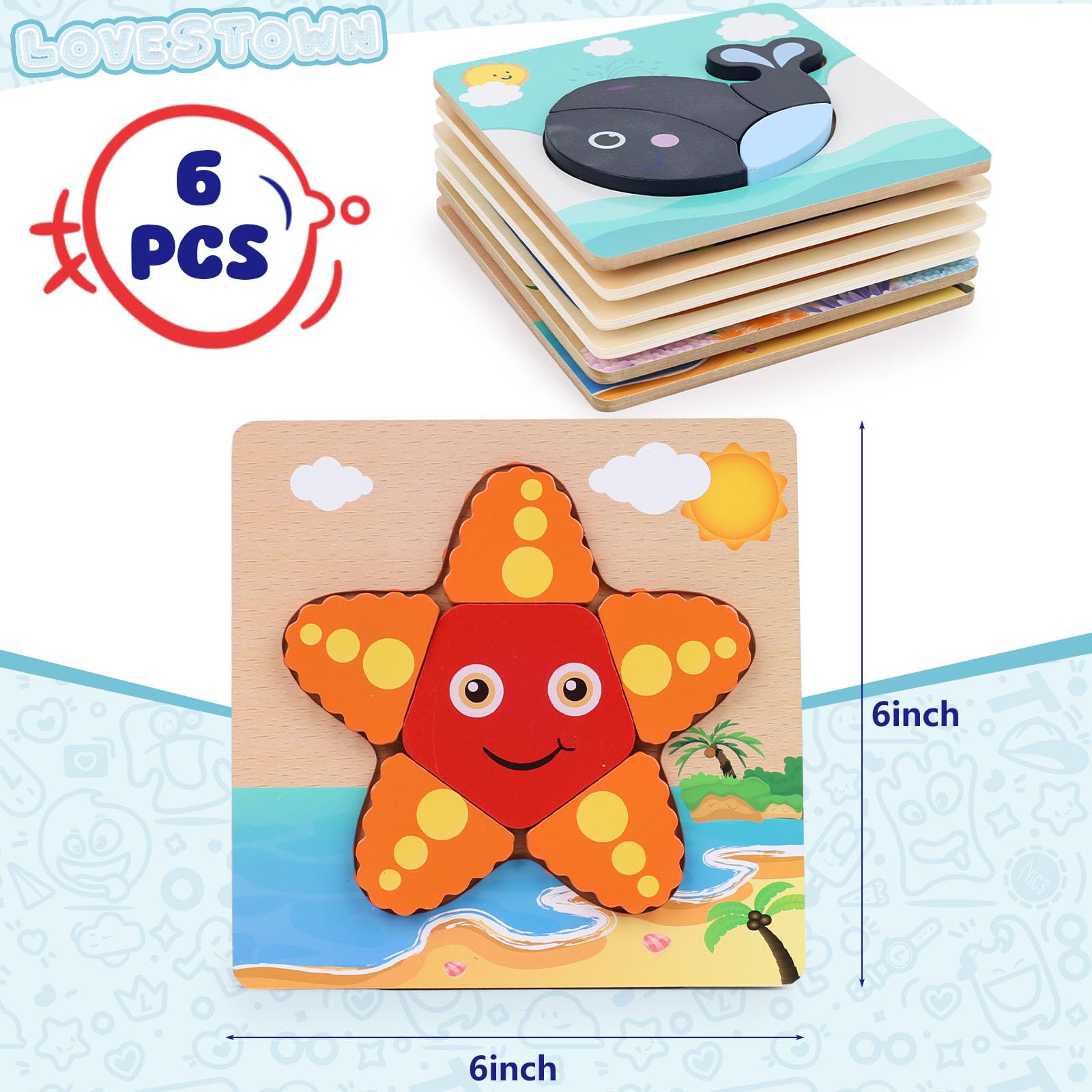LovesTown Holzpuzzle für Kleinkinder, Meerestierpuzzle, Vorschule Lernspielzeug für Jungen und Mädchen, 6 Stück
