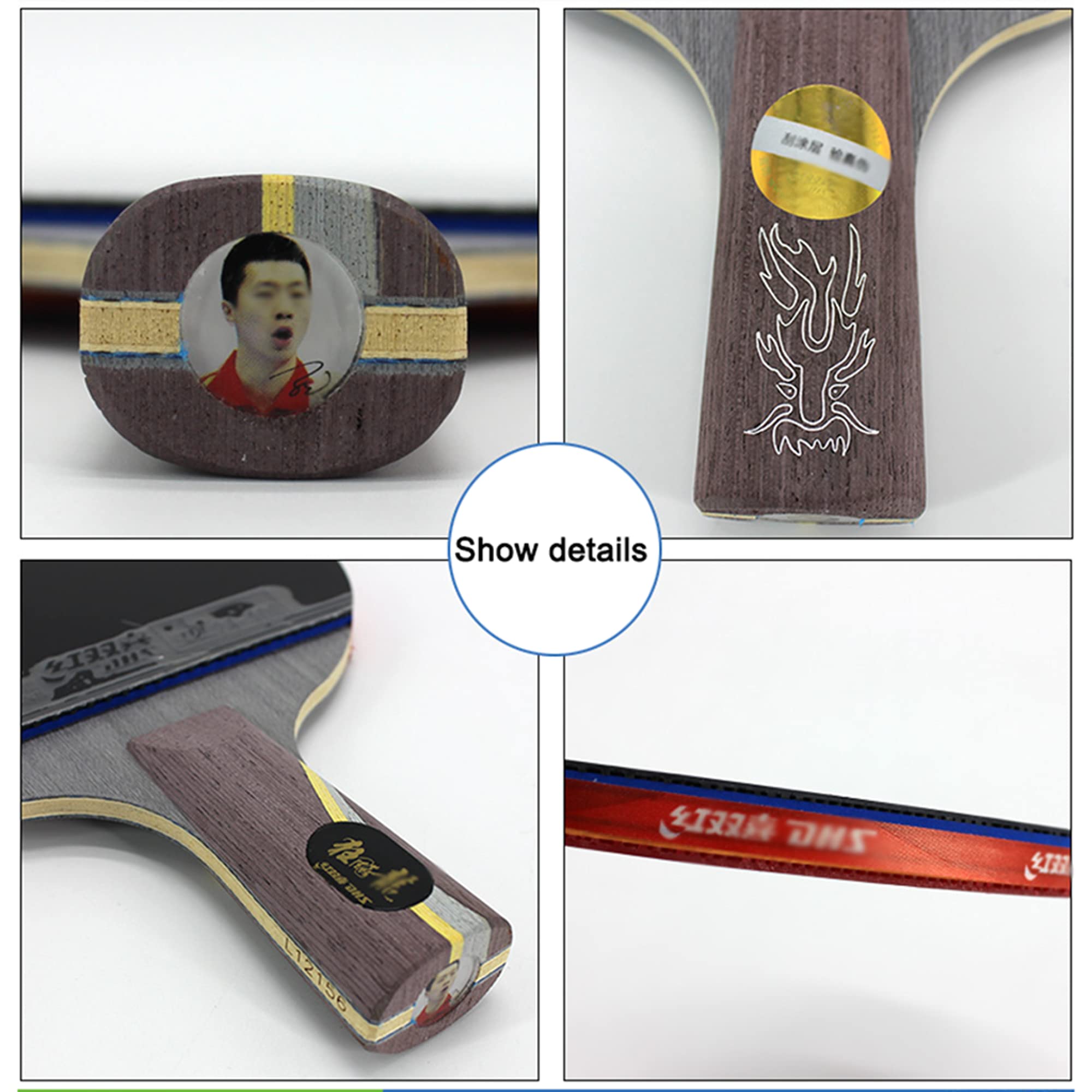 Palas Ping Pong con Placa Base de Carbono y Madera, Potente Paleta de Raquetas de Tenis de Mesa en Goma Profesional