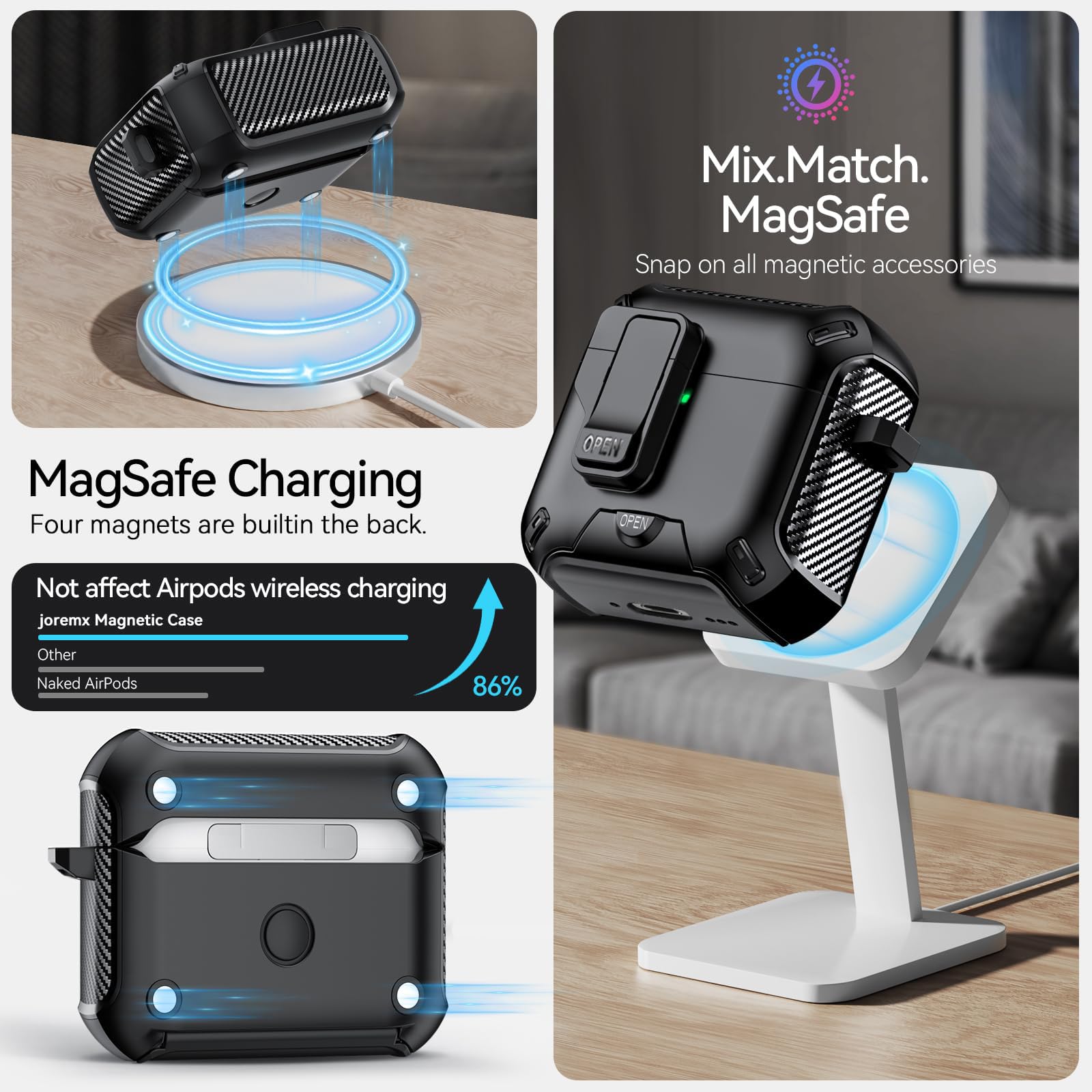 Compatibile con Custodia AirPods 4 con supporto per telefono, Cover in design fibra di carbonio per AirPods 4 versione ANC con chiusura automatica a scatto e pennello per pulizia (Nero) | Autopop - Supporto magnetico posteriore in fibra di carbonio, con p