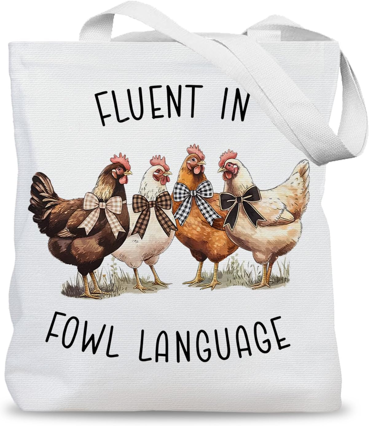 Funny Chicken Tote Bag, Fluent in Fowl Language Canvas Tote Bags for Women, Chicken Lover Mom Lady Gifts, Coquette Bow Chickens Reusable Grocery Shopping Bags