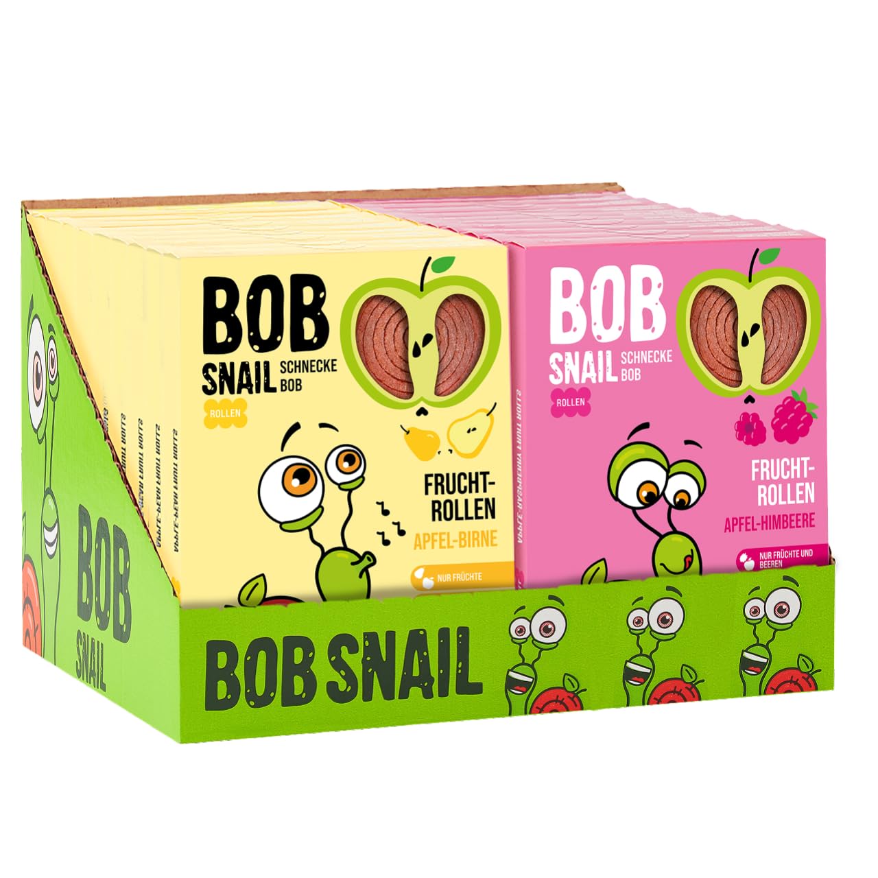 BoB Snail Fruchtrollen aus 100 % Trockenobst – Apfel-Birne & Apfel-Himbeere (je 10 Stück, 20×60 g) – vegan, ballaststoffreich, kalorienarm & ohne Zuckerzusatz – natürlicher Fruchtsnack ohne Zusatzstof