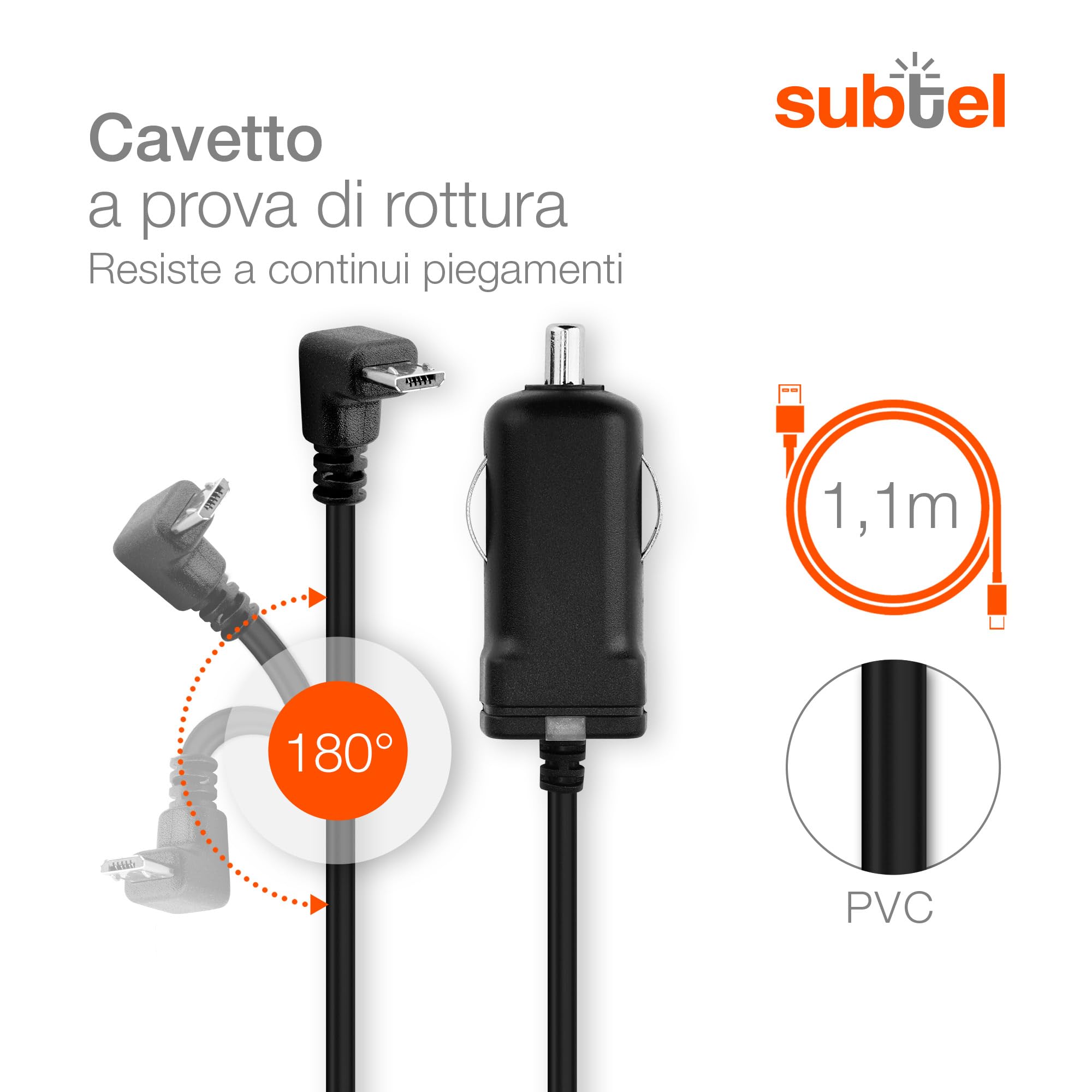 Subtel Caricatore Micro-USB 90° da Auto 1.1m 1A 5V per Navigatore GPS