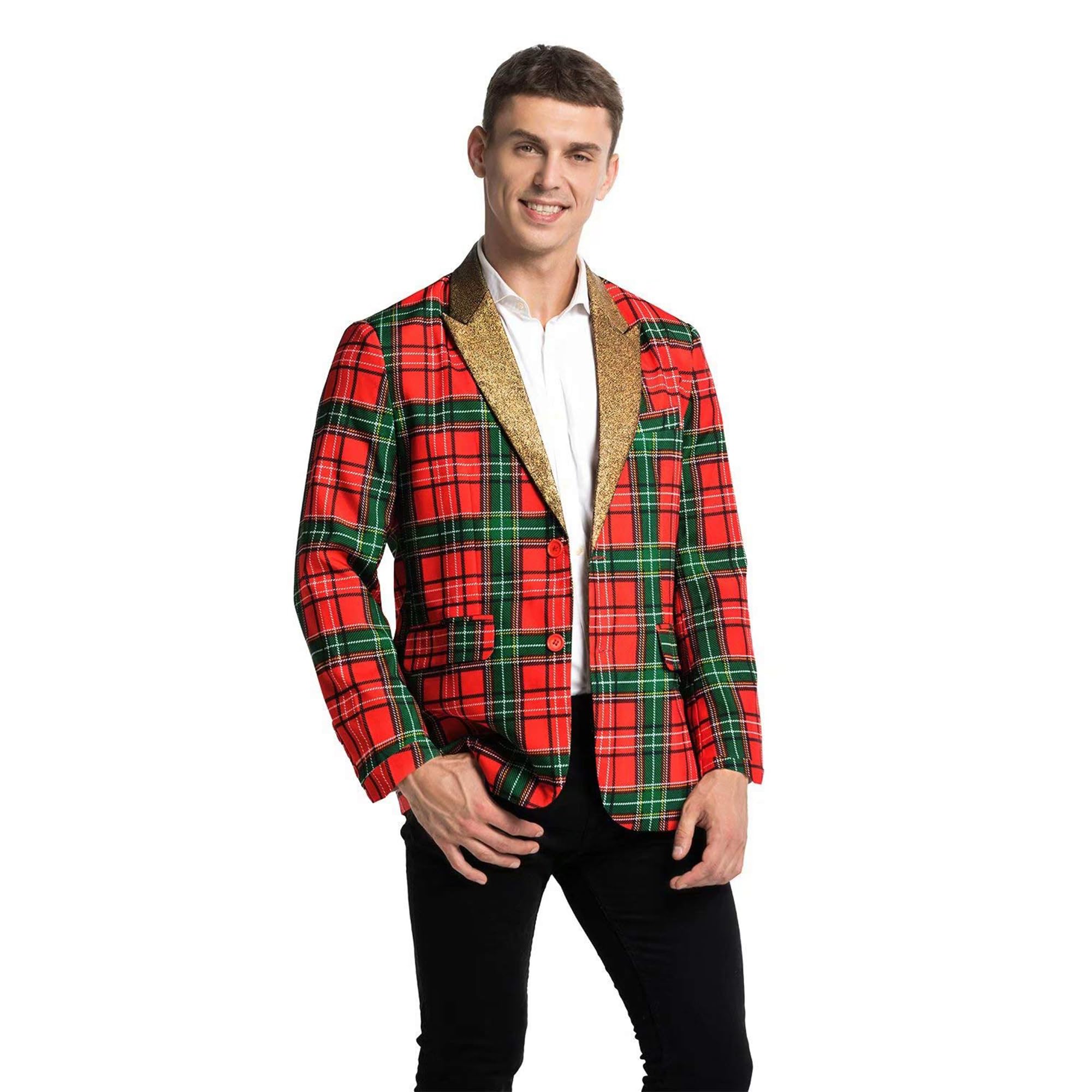 The Fancy Dress Ugly Christmas Blazer Jacket for Men Xmas Snowflake Slim Fit Notched Lapel Coat Novelty Christmas Suit Jacket with Pocket Festive Party Costume Red Green Plaid XXL