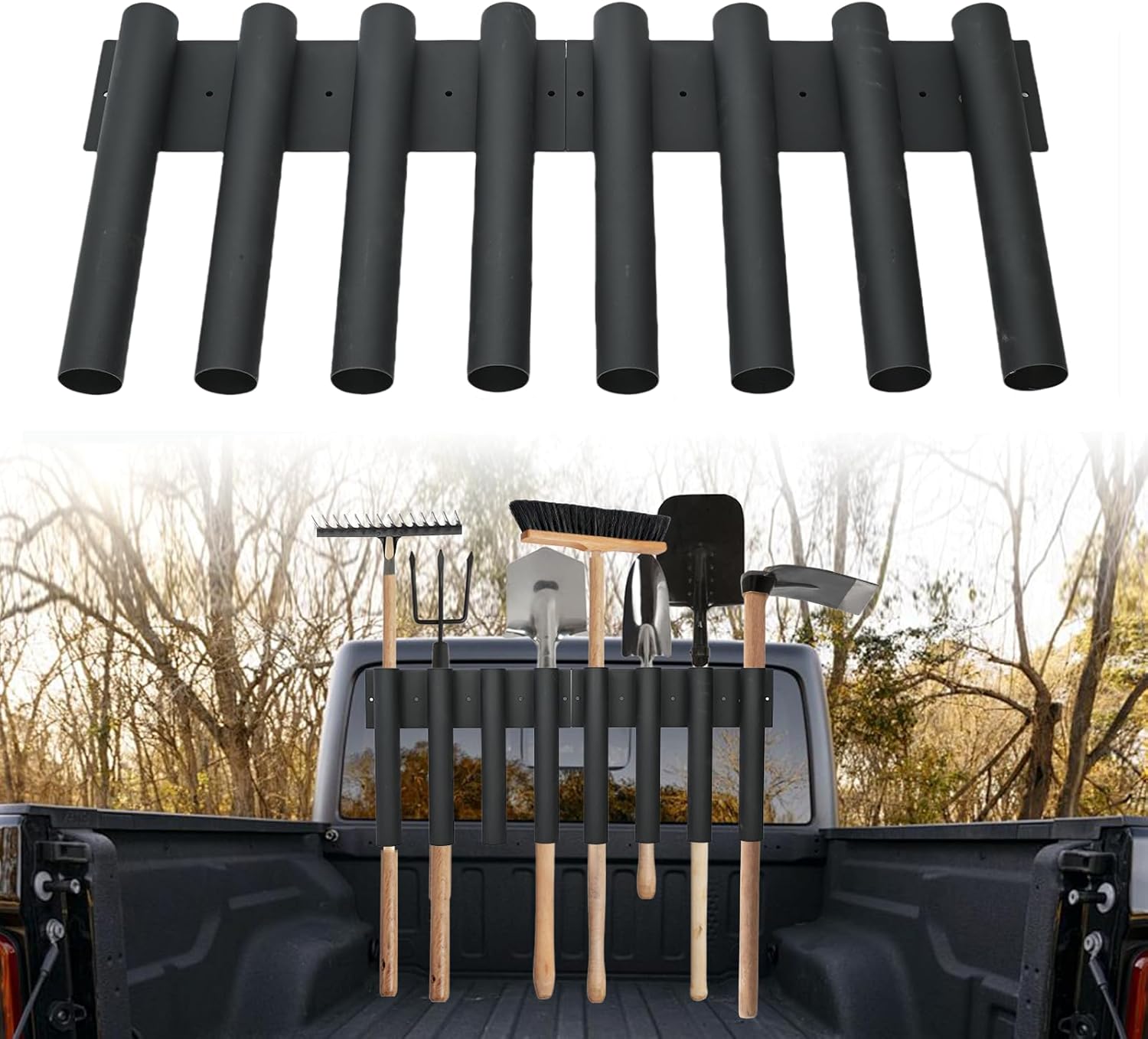 Shovel Holder for Truck Metal Trailer Tool Rack with 8 Holes in 2 Groups Heavy Duty Truck Bed Tool Box Mount Garden Tool Organizer for Rakes Shovels Hoes Landscape Hand Tools Rack