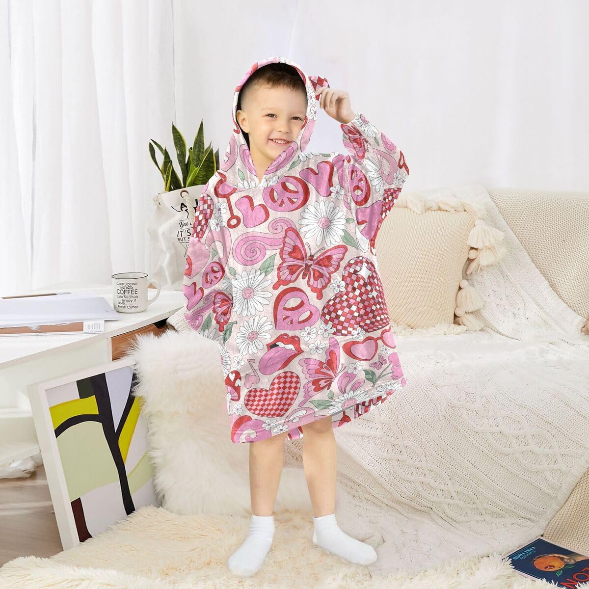 Valentine serce kwiat stokrotka dziecięcy koc do noszenia bluza z kapturem oversize bluza koc pulower wzór motyla dla chłopców dziewcząt w wieku 3-14 lat