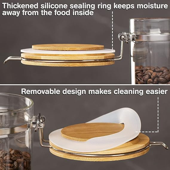 Yangbaga Coffee Container with Shelf: 2P 45OZ Glass Airtight Coffee Holder | Large Capacity Coffee Canister w/Wooden Scoop - Kitchen Food Storage Jar for Ground Coffee/Tea/Sugar/Cereal/Nuts/Coffee Bar