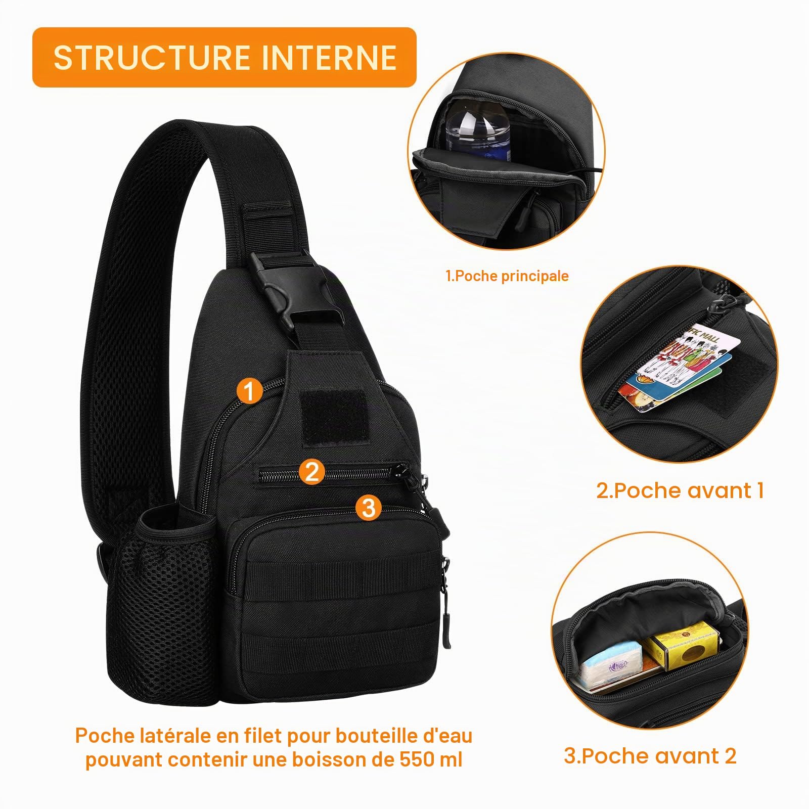 Sac à Bandoulière Tactique Militaire Résistant à l'Eau Sac à Dos Sling MOLLE pour Hommes avec une Bretelle Sac Quotidien avec Porte-Bouteille d'Eau (#01-Noir)