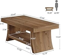 Vista 2 de Mesa de centro de granja con estante de almacenamiento, mesas de centro modernas de madera maciza de mediados de siglo con base curvada, mesa
