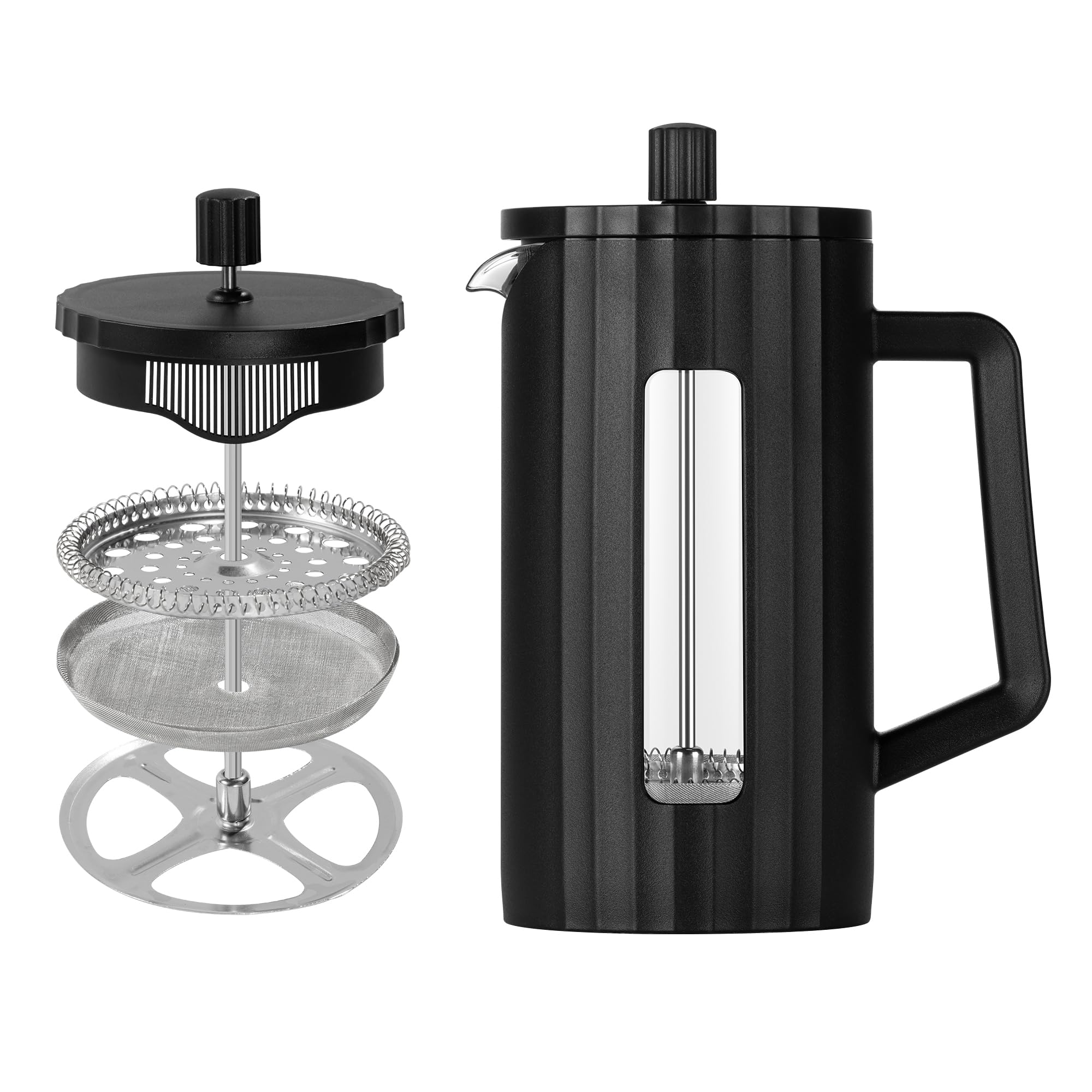 The jze French press, borosilicate glass French press coffee maker, 3 layer stainless steel tea press,34oz large french press, suitable for home, office, kitchen, travel, fashion black