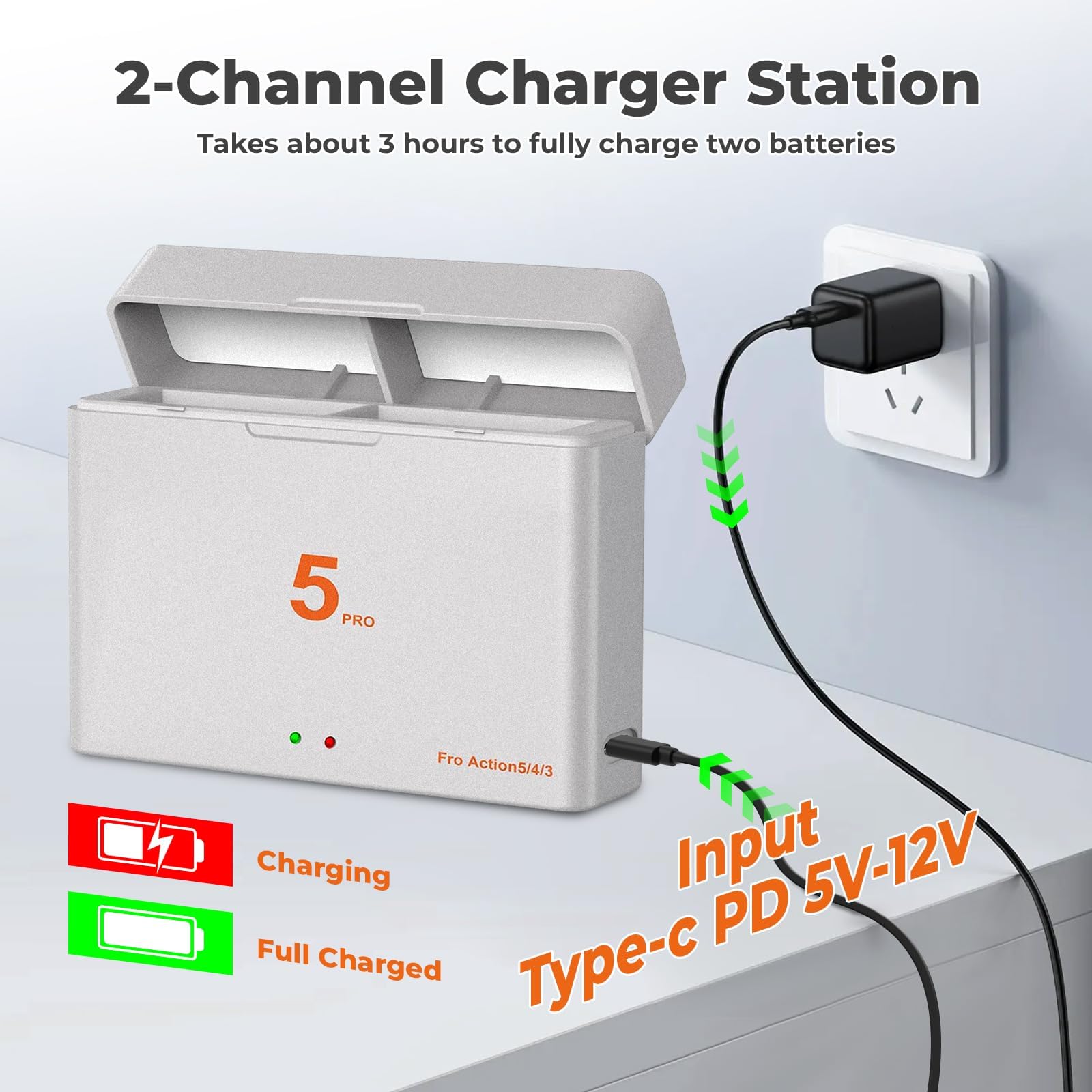 OSMO Action 6/5 Pro/4/3, kit di 3 batterie di ricambio da 2800 mAh, tipo C, USB, doppio canale, caricatore LED per OSMO Action 6/5 Pro/OSMO Action 4/OSMO Action 3 (3 batterie + 1 ricarica)