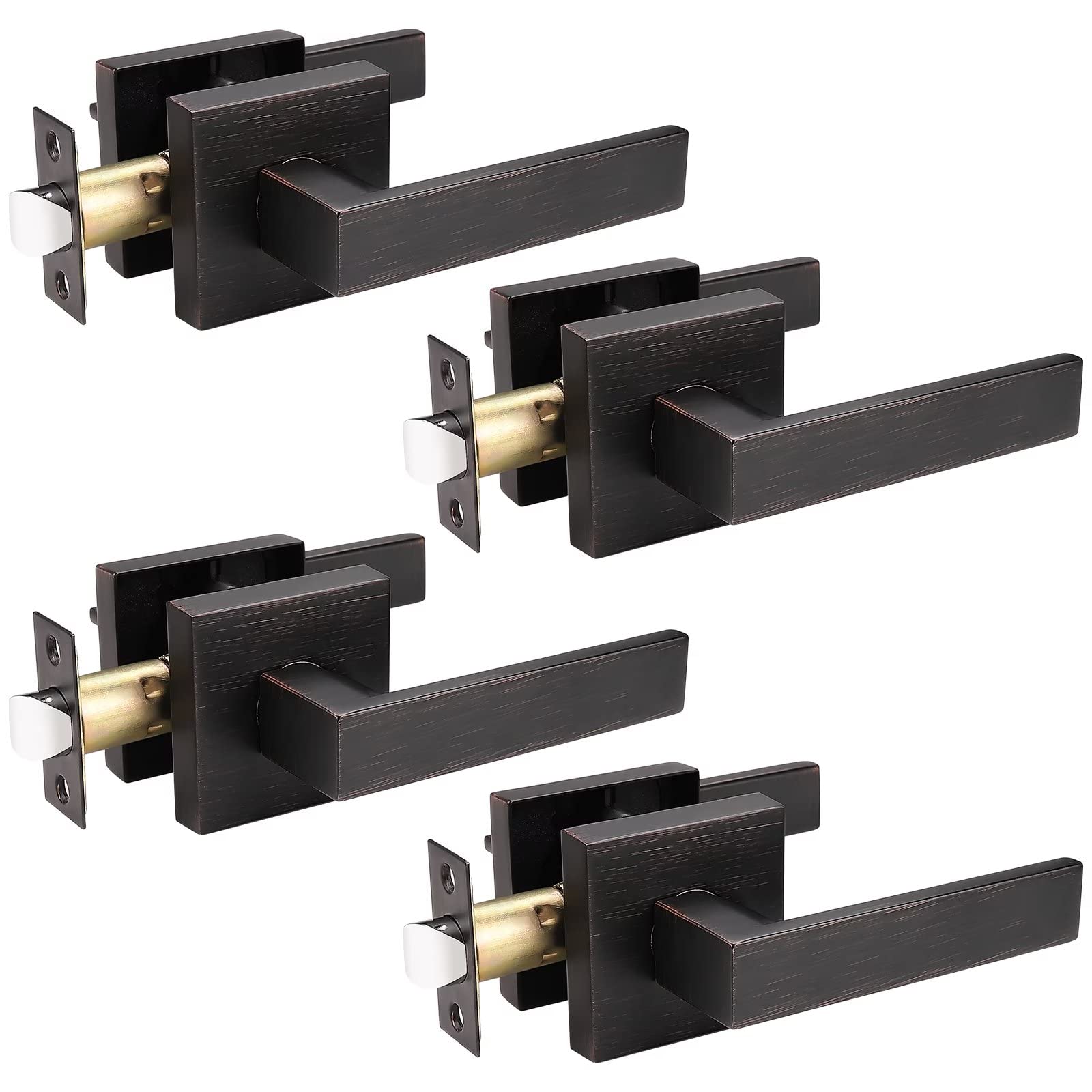 Probrico 4 Pack Heavy Duty Passage Door Lever for Closets and Hallway, Moden Square Keyless Door Handle Set with Oil Rubbed Bronze Finish, Non-Locking Interior Door Knobs