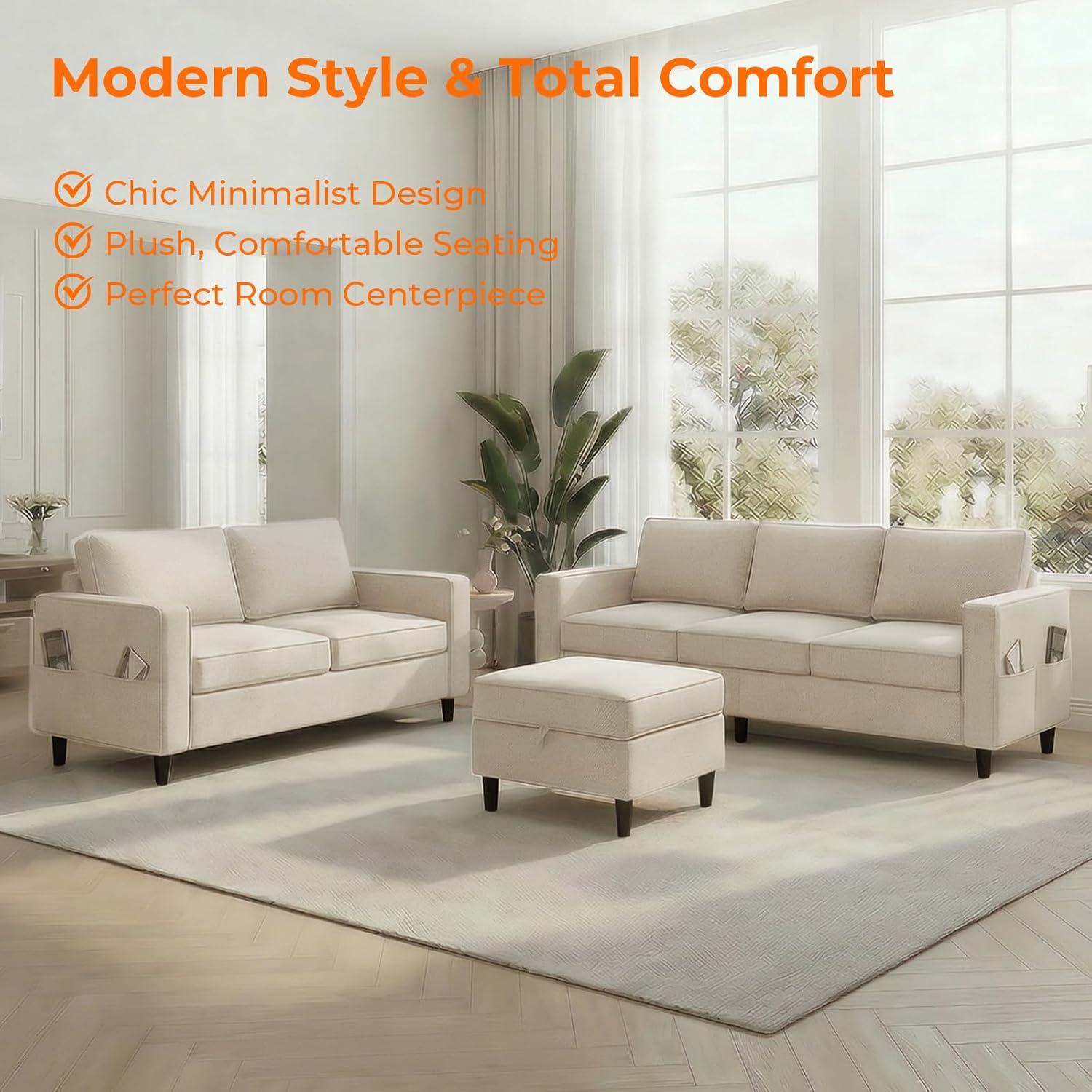 ijuicy 2PCS Sectional Sofa Set w/Ottoman,Modern Linen 5 Seater Couch Set with Movable Storage Ottoman & Side Pockets,3 Seat L Shaped Couch and Loveseat Living Room Furniture Sets (3+2 /Beige)