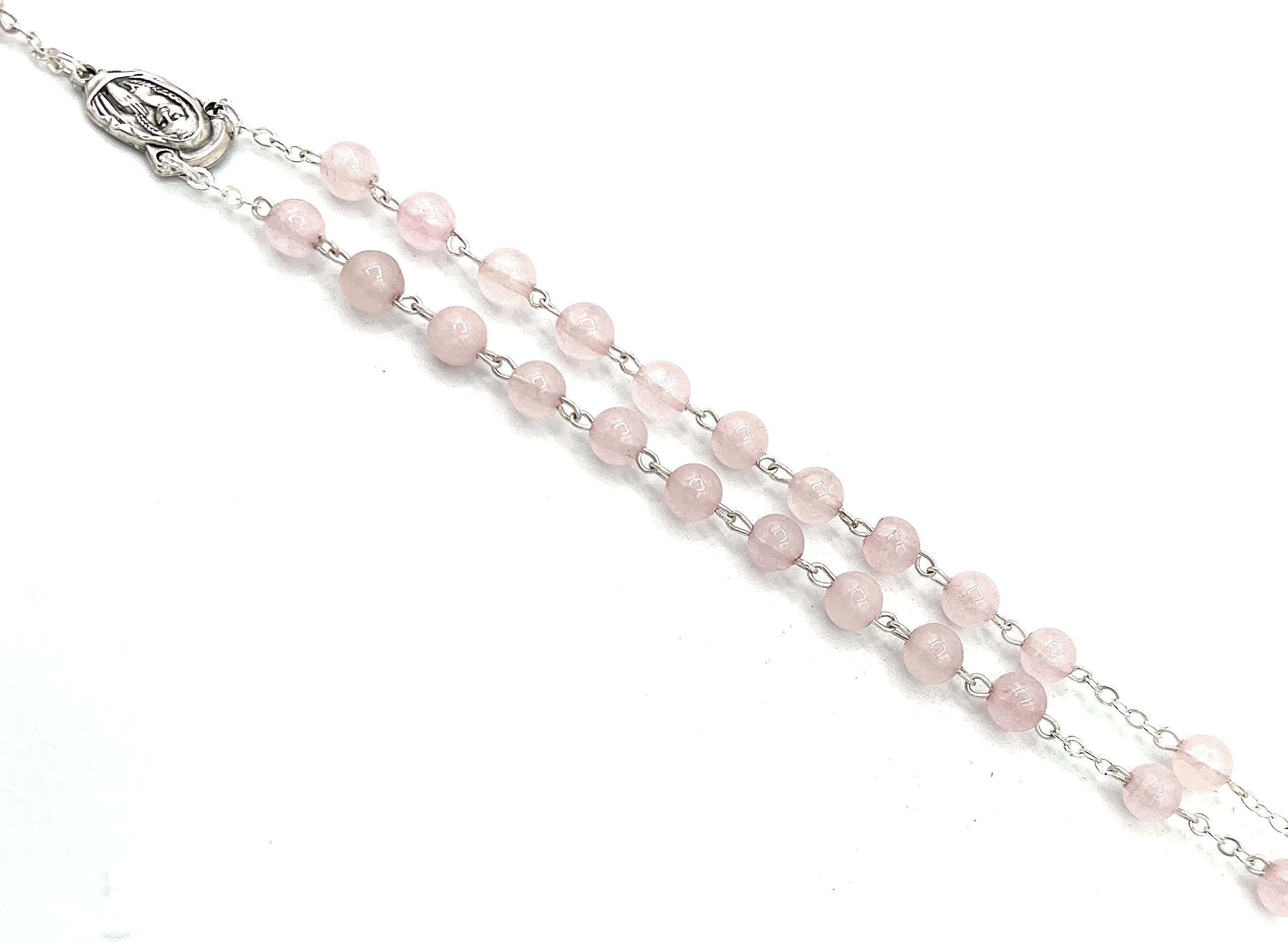 Rosario In Vera Pietra Quarzo Rosa, Grani Da 6 Mm, Rilegato A Mano In Italia, Lunghezza 46 Cm, Con Crociera Madonna E Sacro Cuore - 5