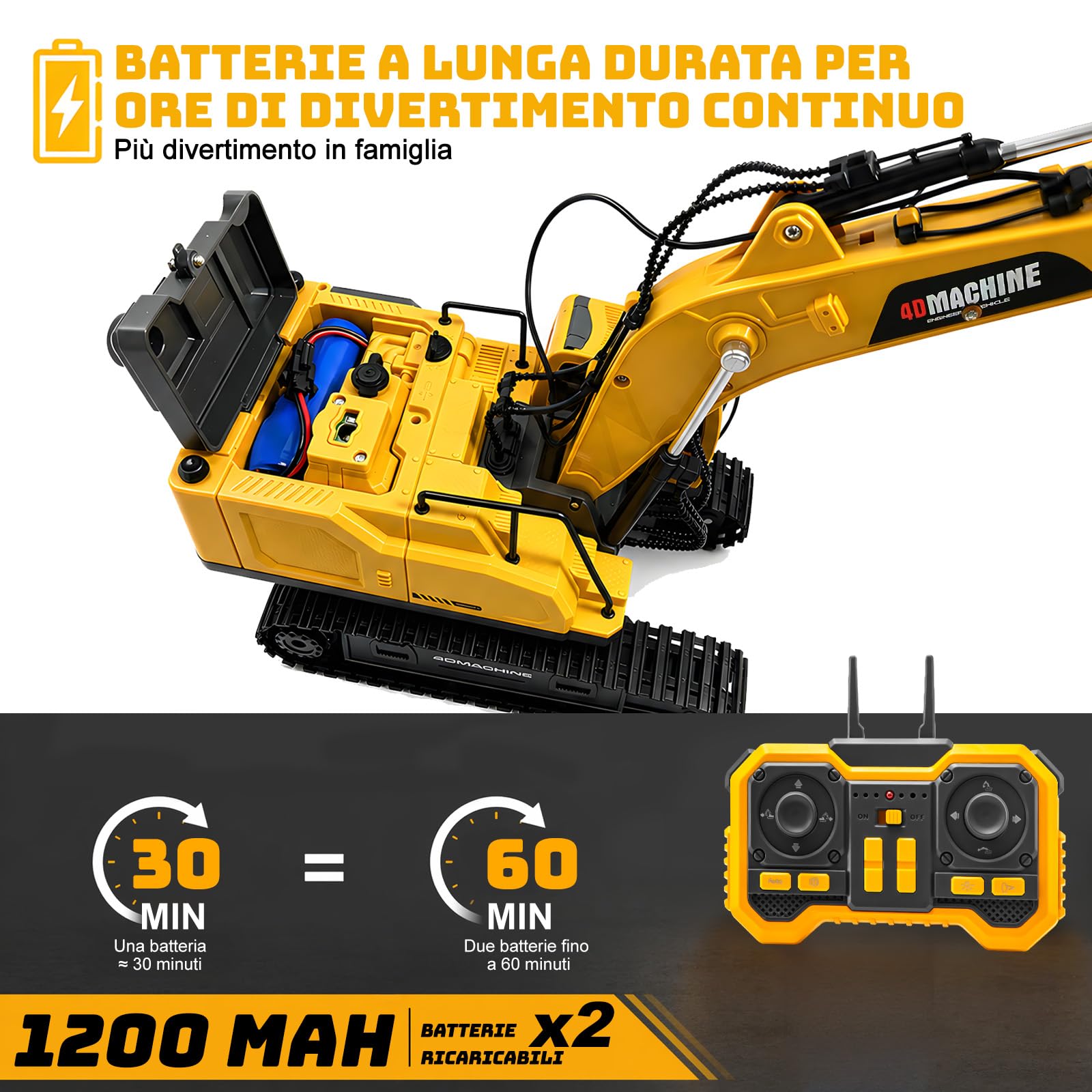 MOONTOY Escavatore Radiocomandato 3‑in‑1, 2,4 GHz RC 1:18 14 Canali, Benna Metallica, Pinza & Martello Demolitore, Luci, Suoni, Vapore, Rotazione 720°, Giocattolo Regalo Bambino 6 7 8 9 10 Anni