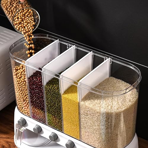 Miniatura 3 de Yuehuam Dispensador de alimentos secos, 12L montado en la pared, dispensador de granos de 5 rejillas, contenedor de almacenamiento de cereales y