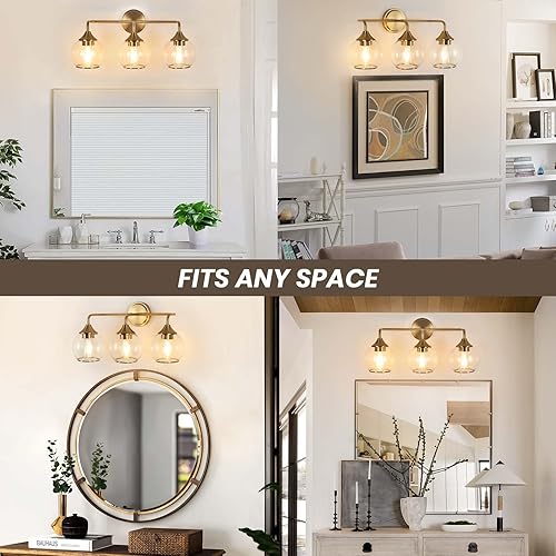 Miniatura 8 de Lámpara de tocador dorada de 3 luces modernas para baño sobre espejo, lámparas de baño de latón cepillado, apliques de pared de granja con pantalla