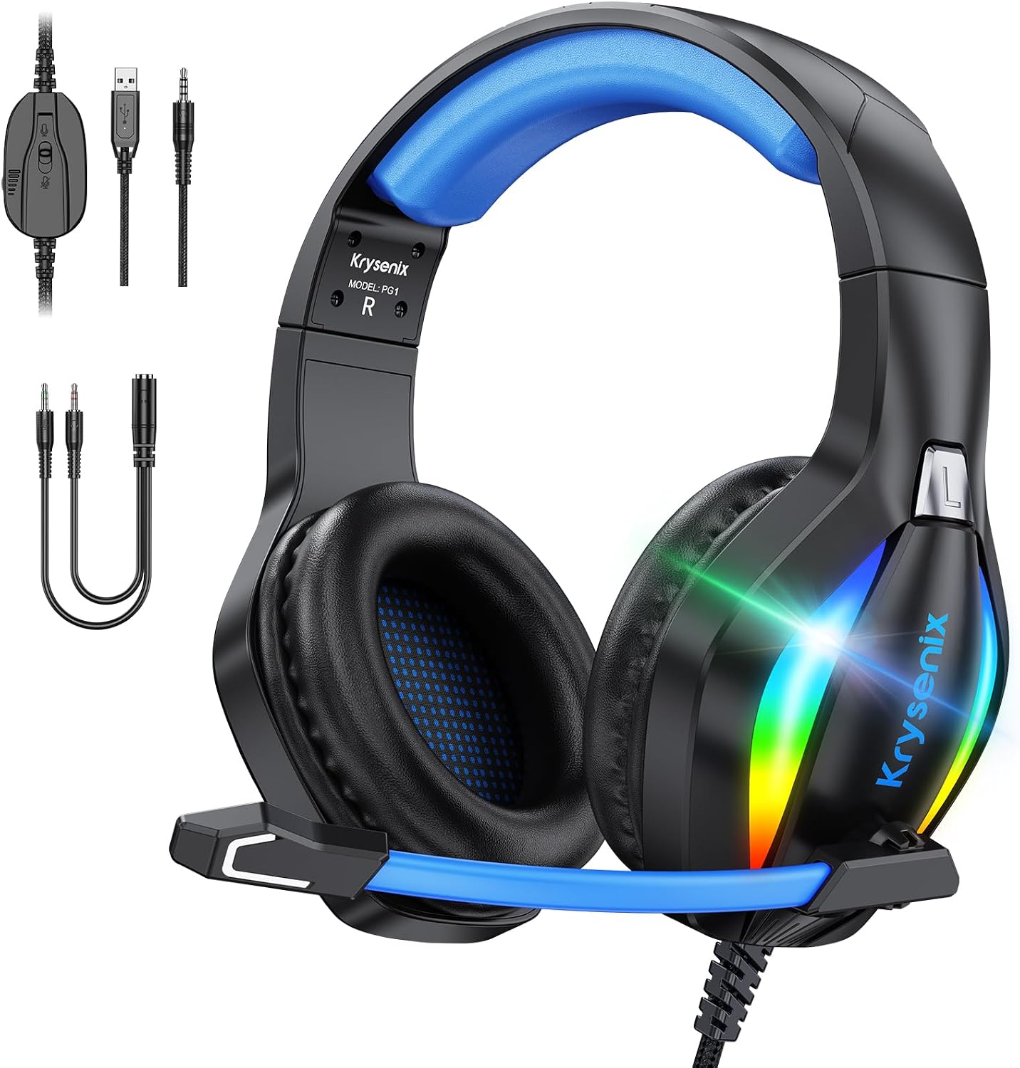 Krysenix PG1 RGB gaming headset in black and blue featuring glowing LED lights, soft ear cushions, and a flexible noise-cancelling microphone.