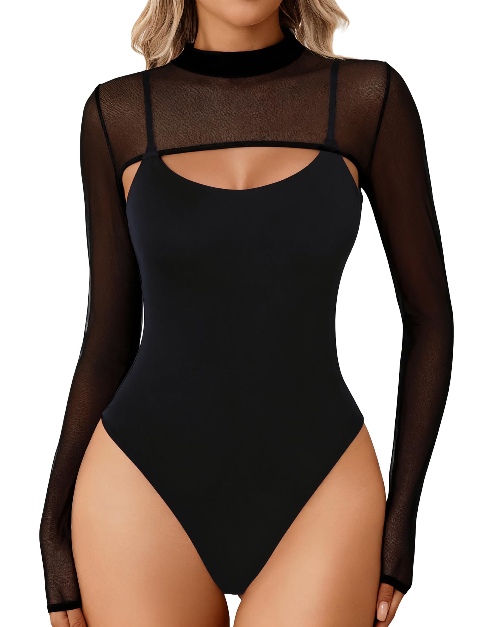 Avidlove Womens Long Sleeve Bodysuits Mock Turtle Neck Shapewear Bodysuit Sexy Mesh Bodysuit Two Piece Outfit Cami Tops
